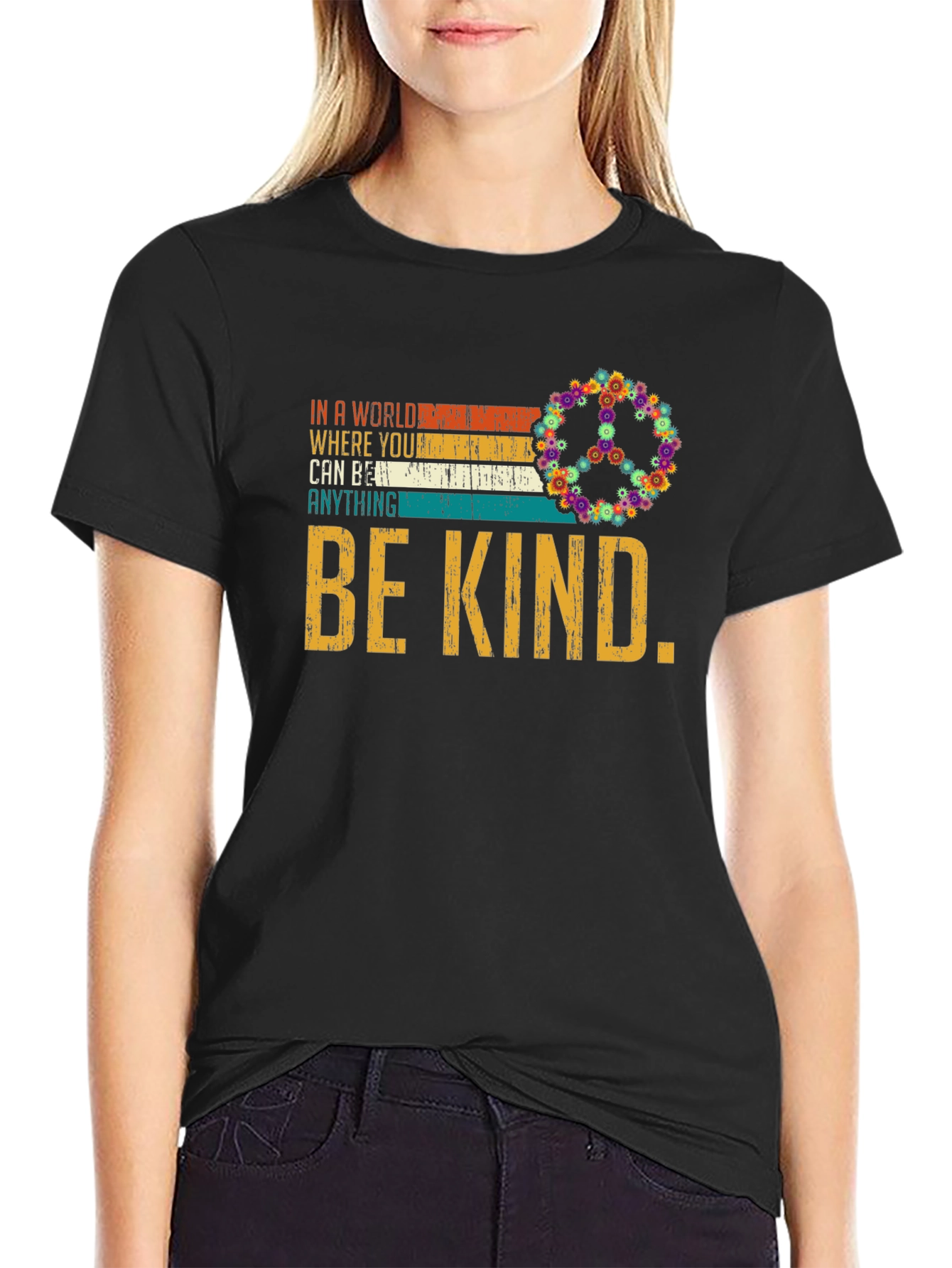 Black Be Kind T-Shirt - Floral Peace Sign - Inspiring Message view 2