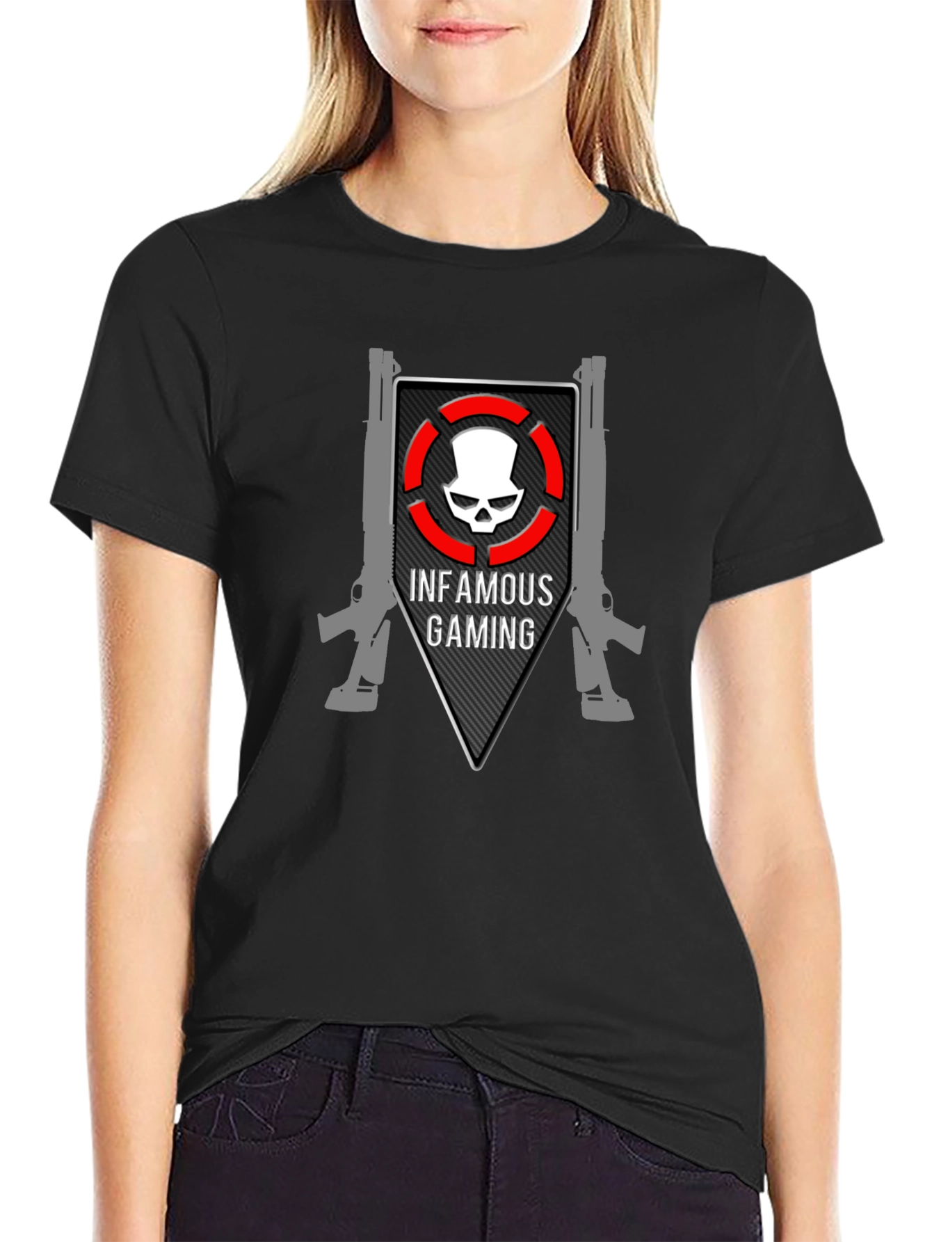 Black Infamous Gaming Black T-Shirt Skull Design view 2
