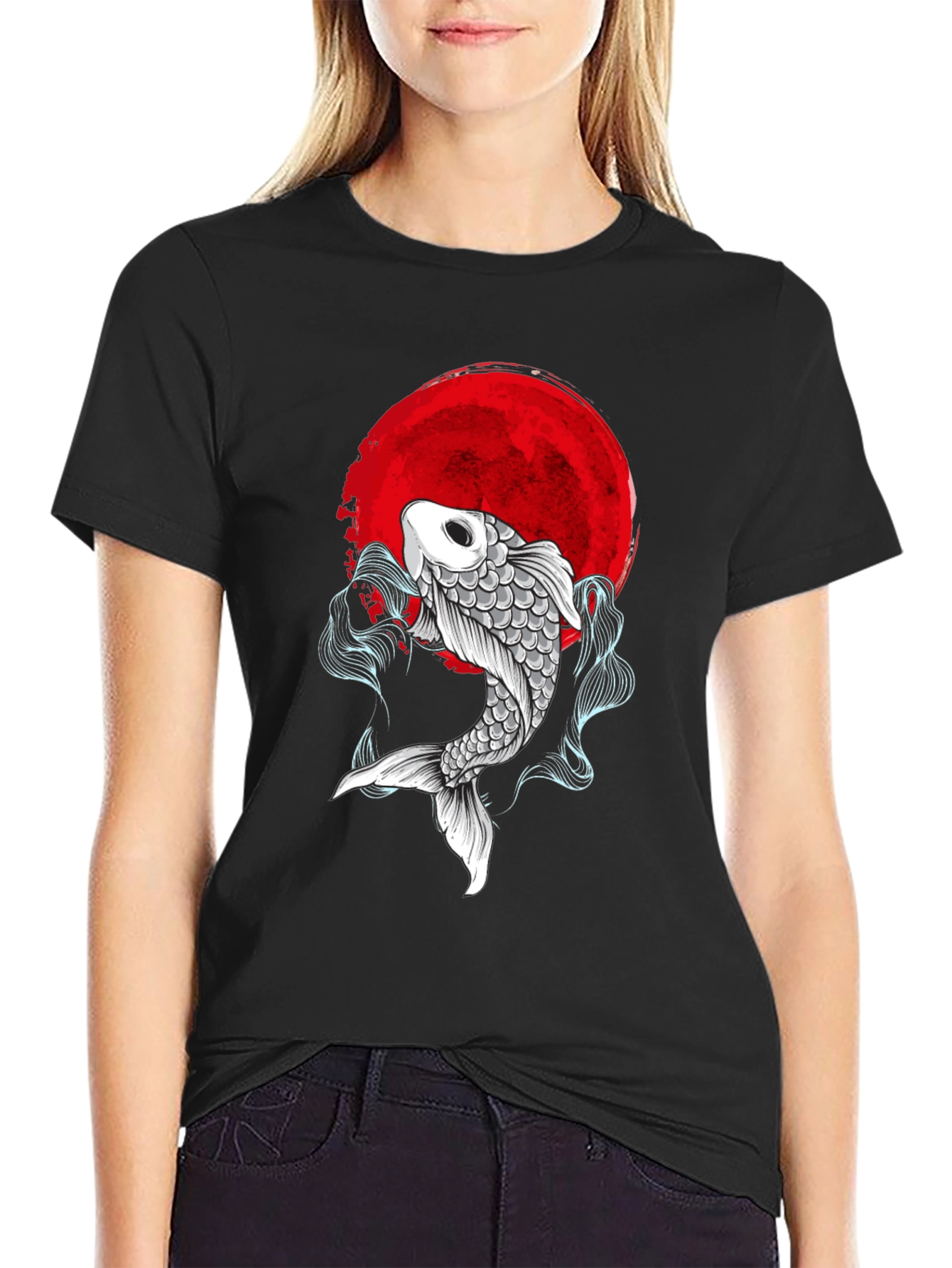 Black Koi Fish Red Moon Graphic Tee - Stylish & Unique view 2