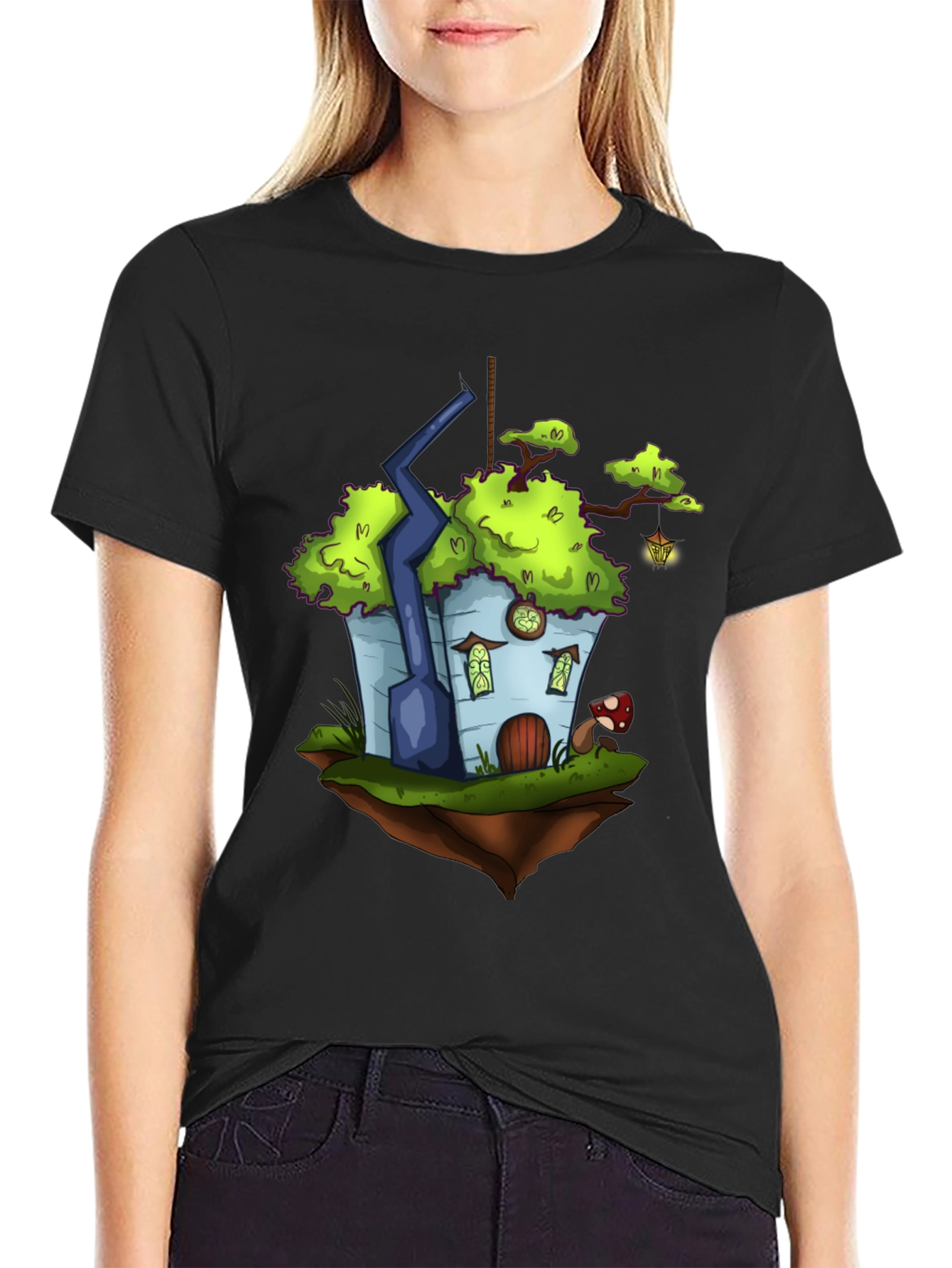 Black Whimsical Floating House T-Shirt view 2