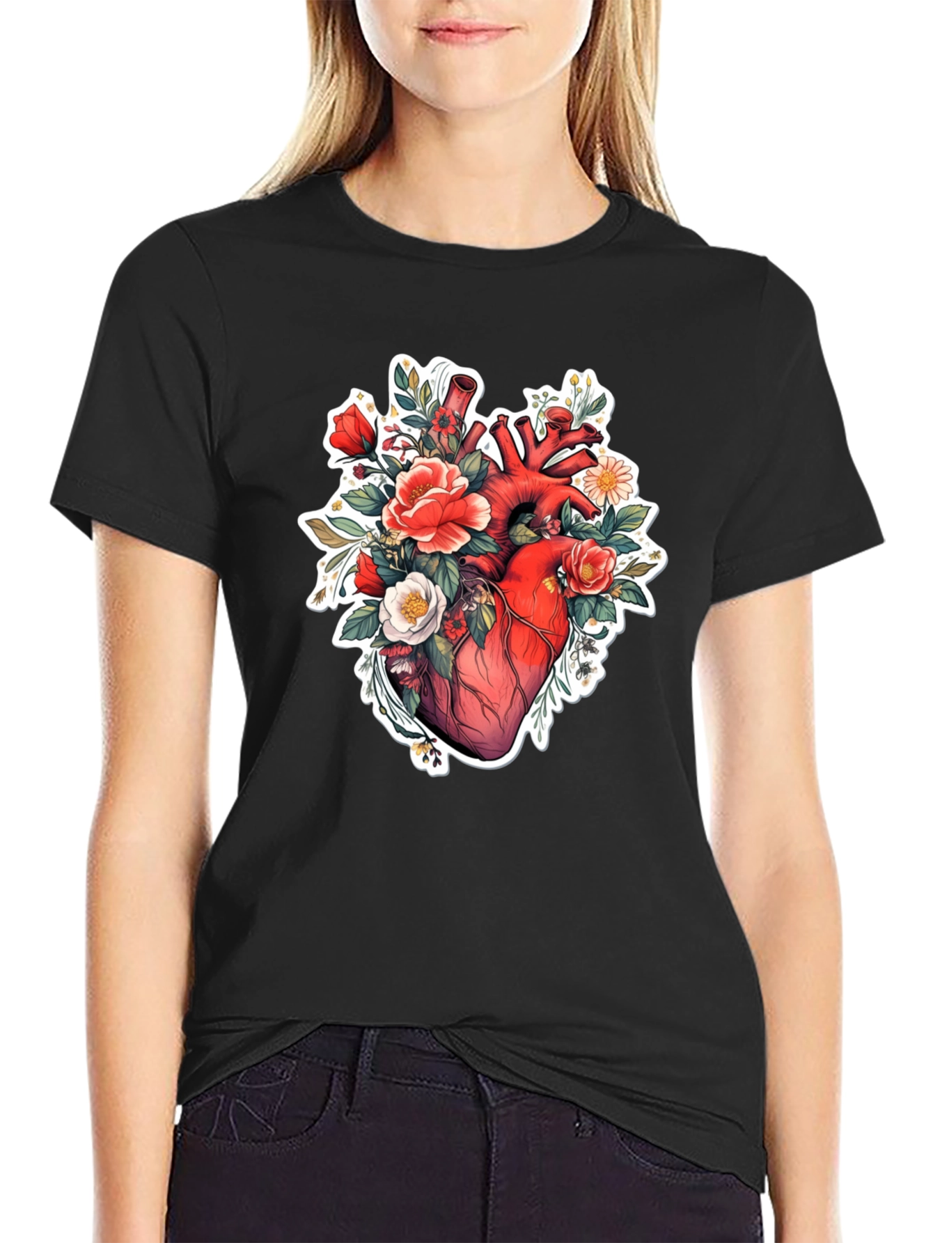 Black Anatomical Heart Floral T-Shirt view 2