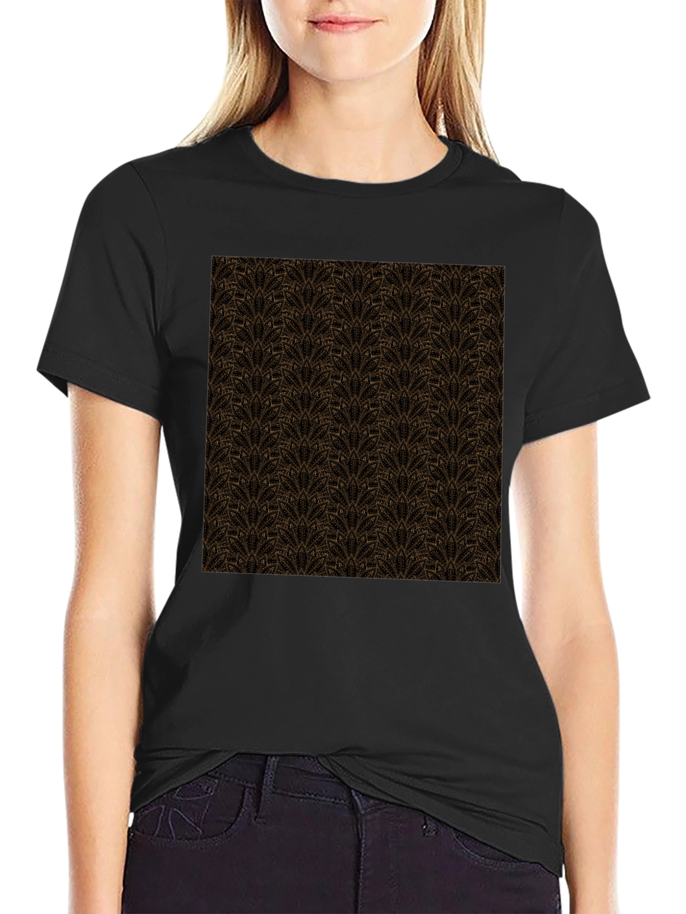 Black Patterned Crew Neck T-Shirt - Stylish Casual Wear view 2