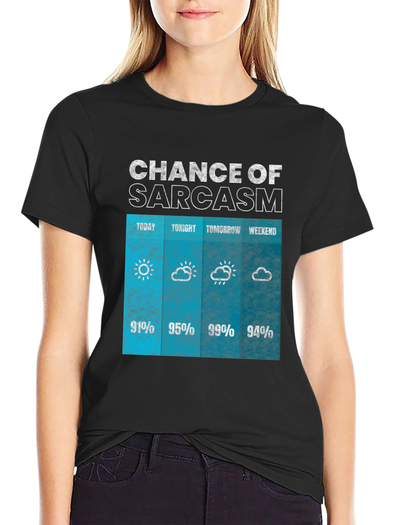 Black Sarcasm Weather Forecast Graphic Tee view 2