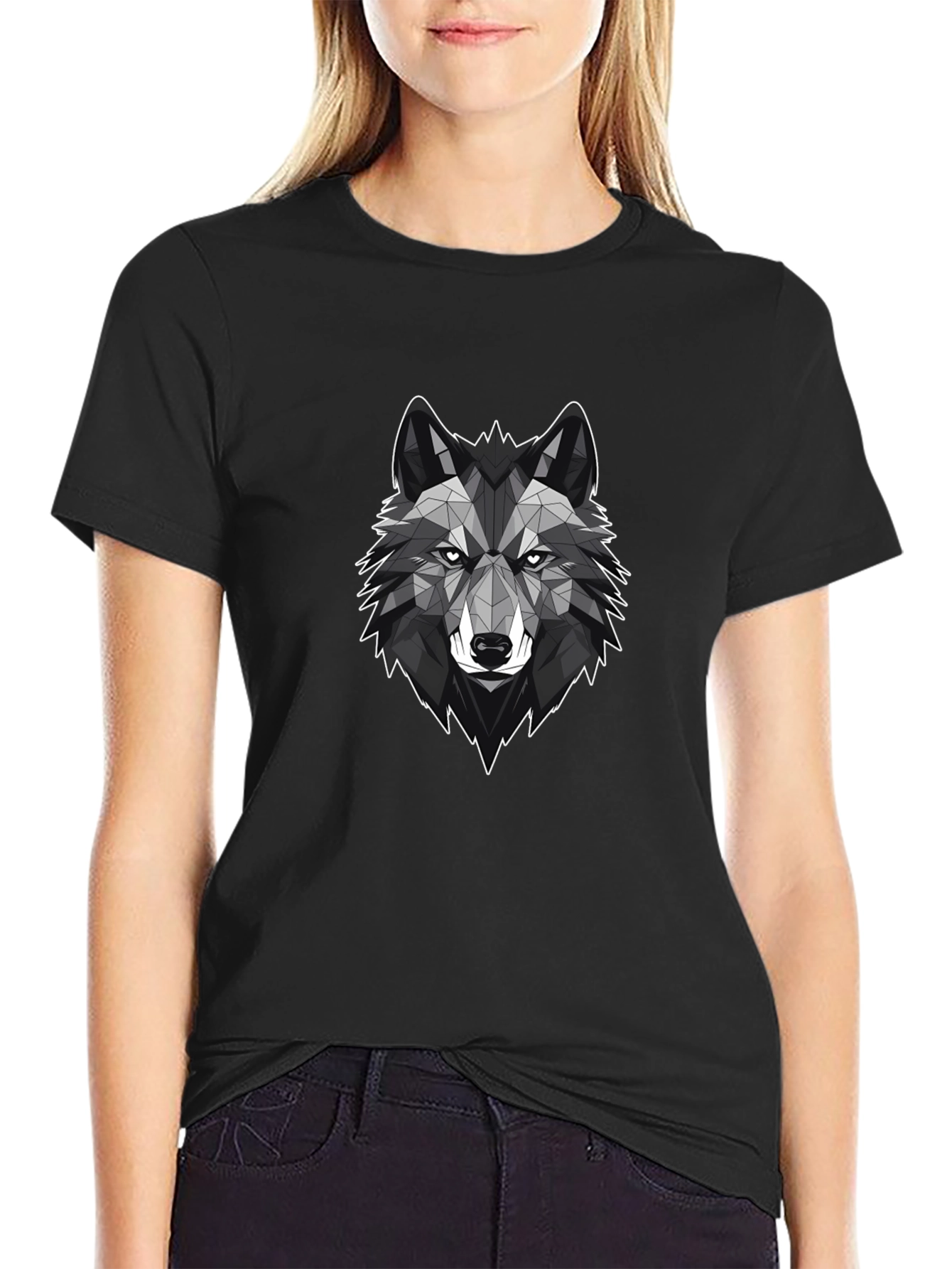 Black Geometric Wolf Graphic Tee - Stylish Black T-Shirt view 2