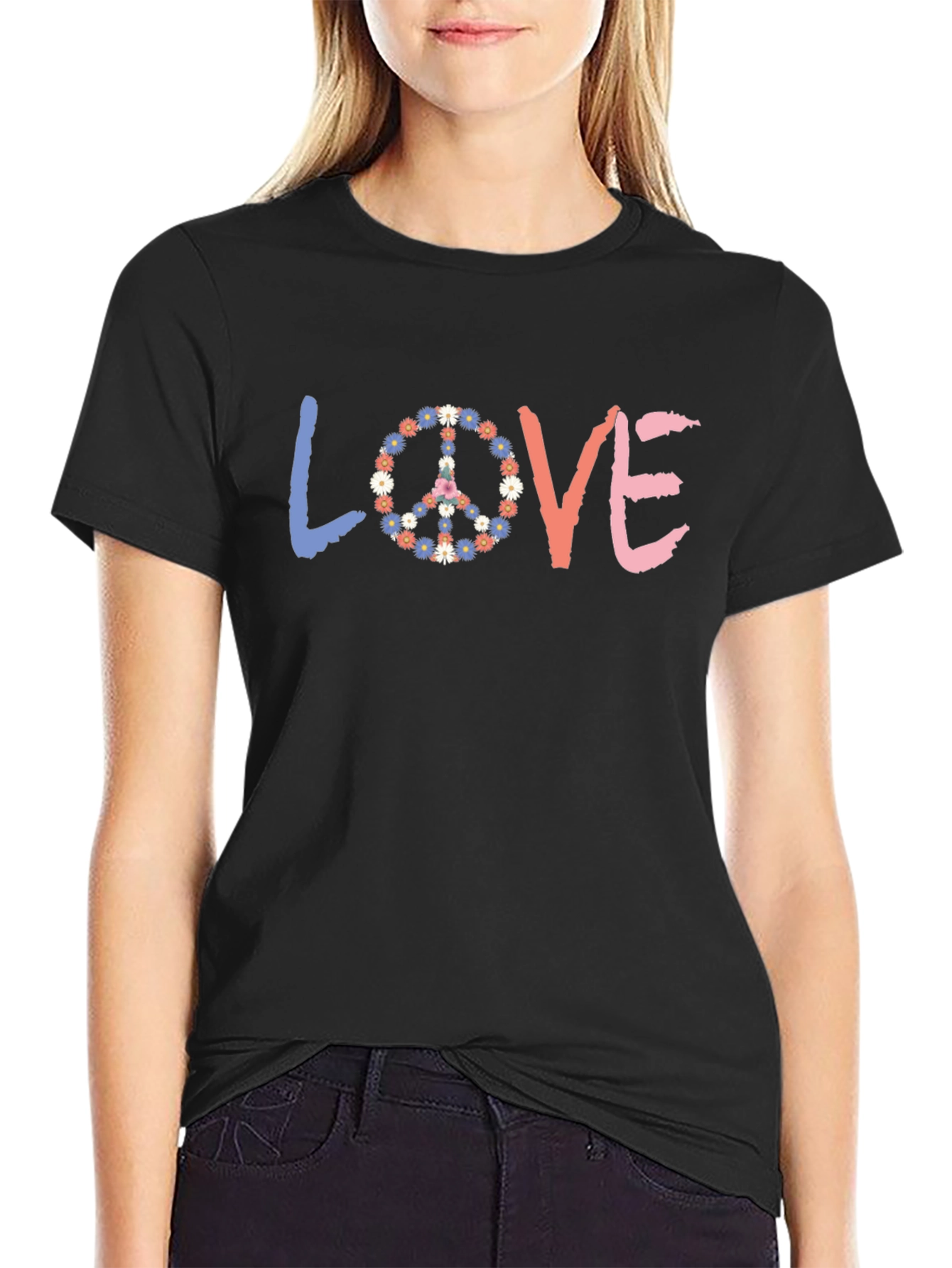 Black Love Peace Sign Floral T-Shirt - Casual Comfort view 2