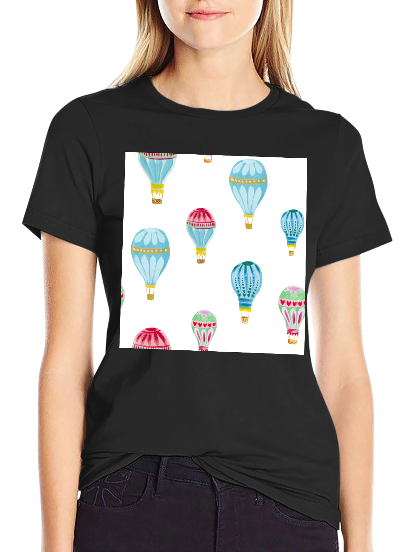 Black Hot Air Balloon Print Black T-Shirt view 2