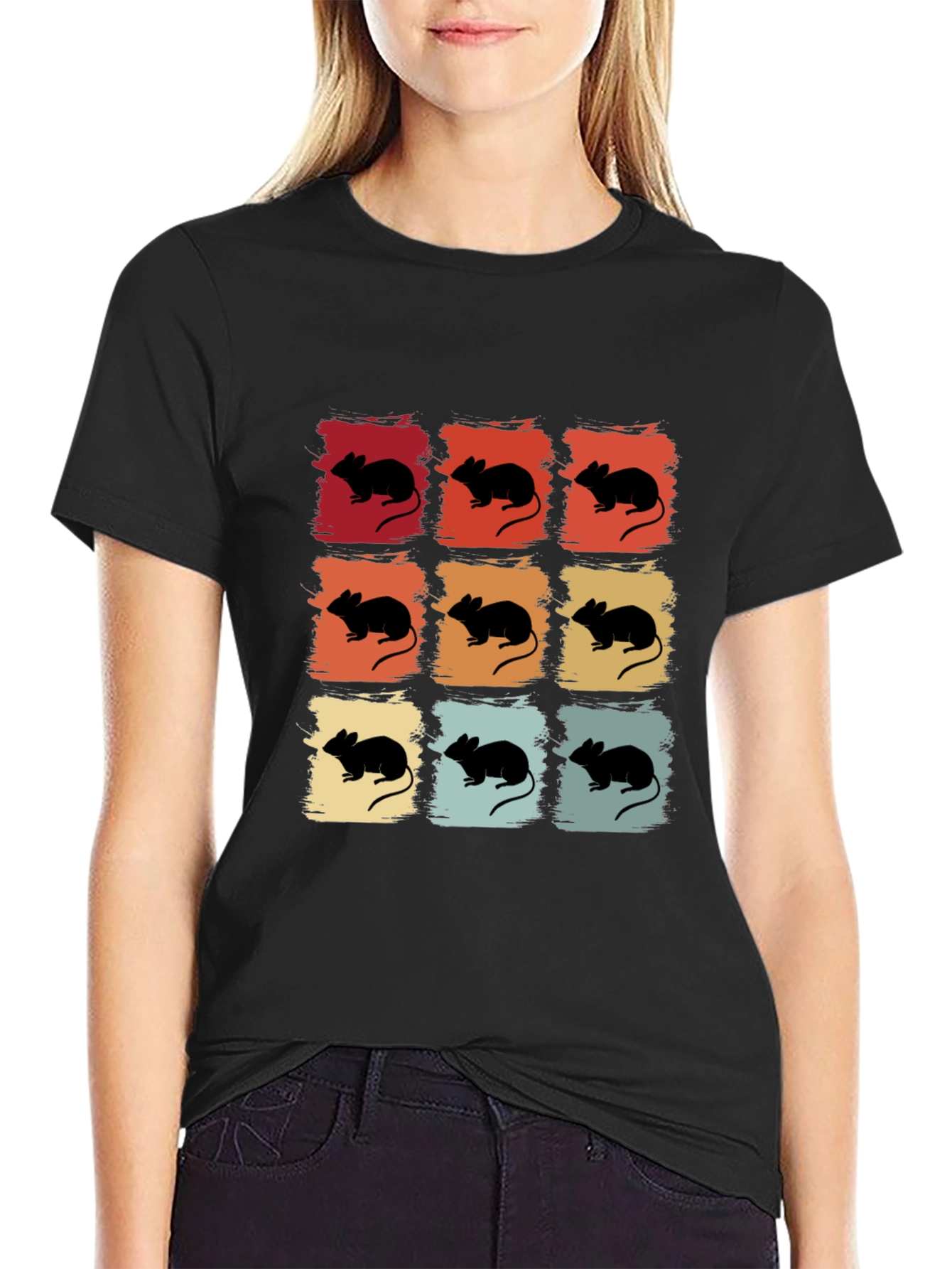 Black Retro Mouse Grid Graphic Tee - Cool Animal Lover Shirt view 2