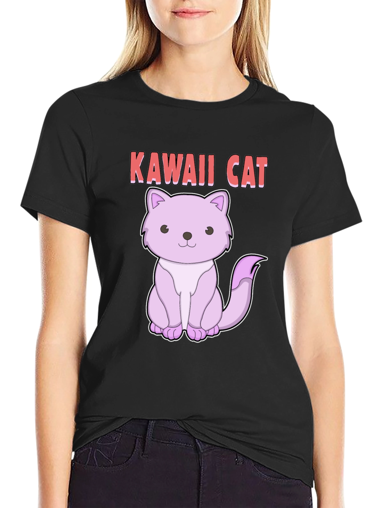Black Kawaii Cat Graphic Tee - Cute Anime Style Shirt view 2