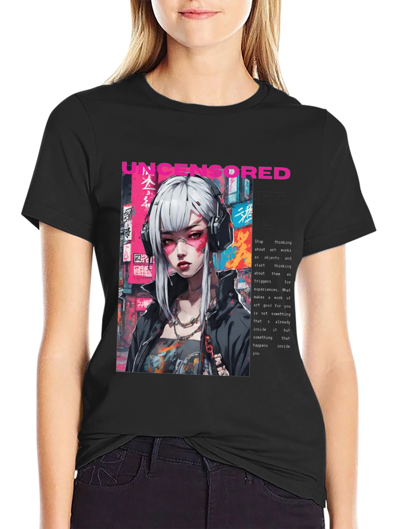 Black Uncensored Anime Girl Graphic T-Shirt view 2