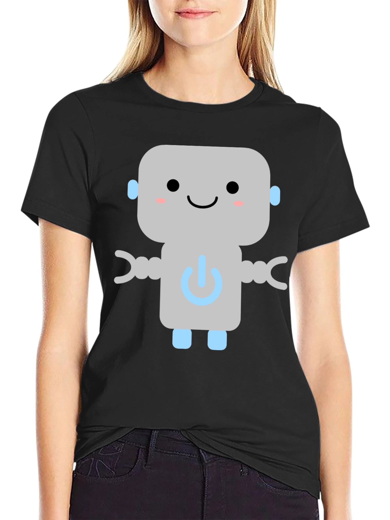 Black Cute Robot Graphic Tee - Black Cotton T-Shirt view 2