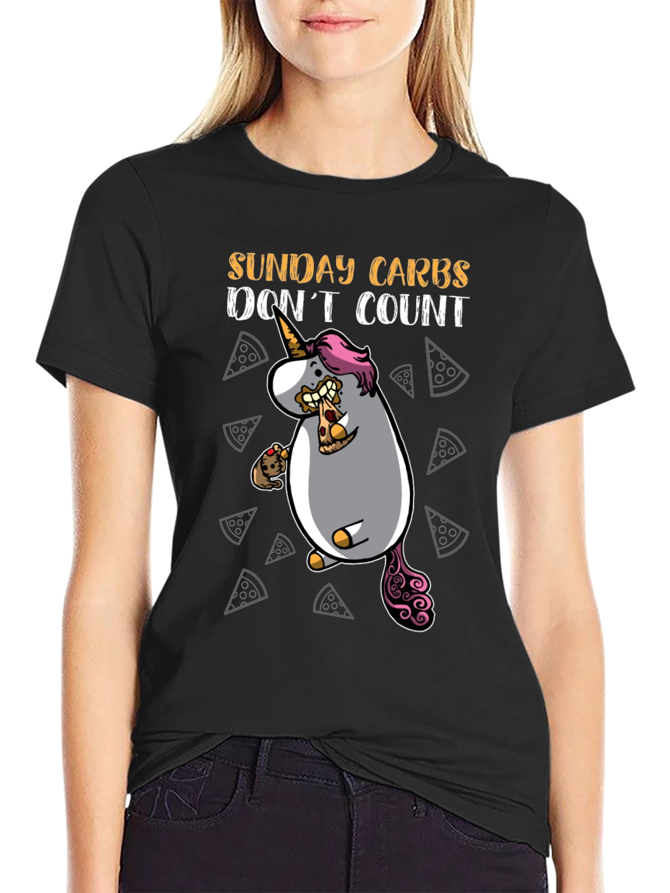 Black Funny Sunday Carbs Unicorn Pizza Graphic Tee view 2