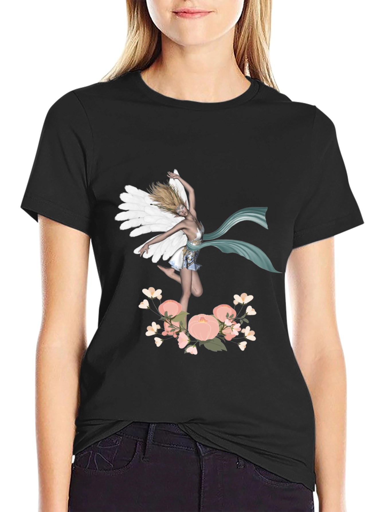 Black Fairy Wings Flower Graphic Tee - Unique Design view 2