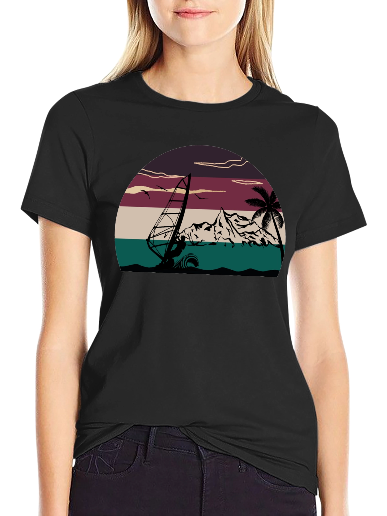 Black Retro Windsurfing T-Shirt - Vintage Style Tee view 2
