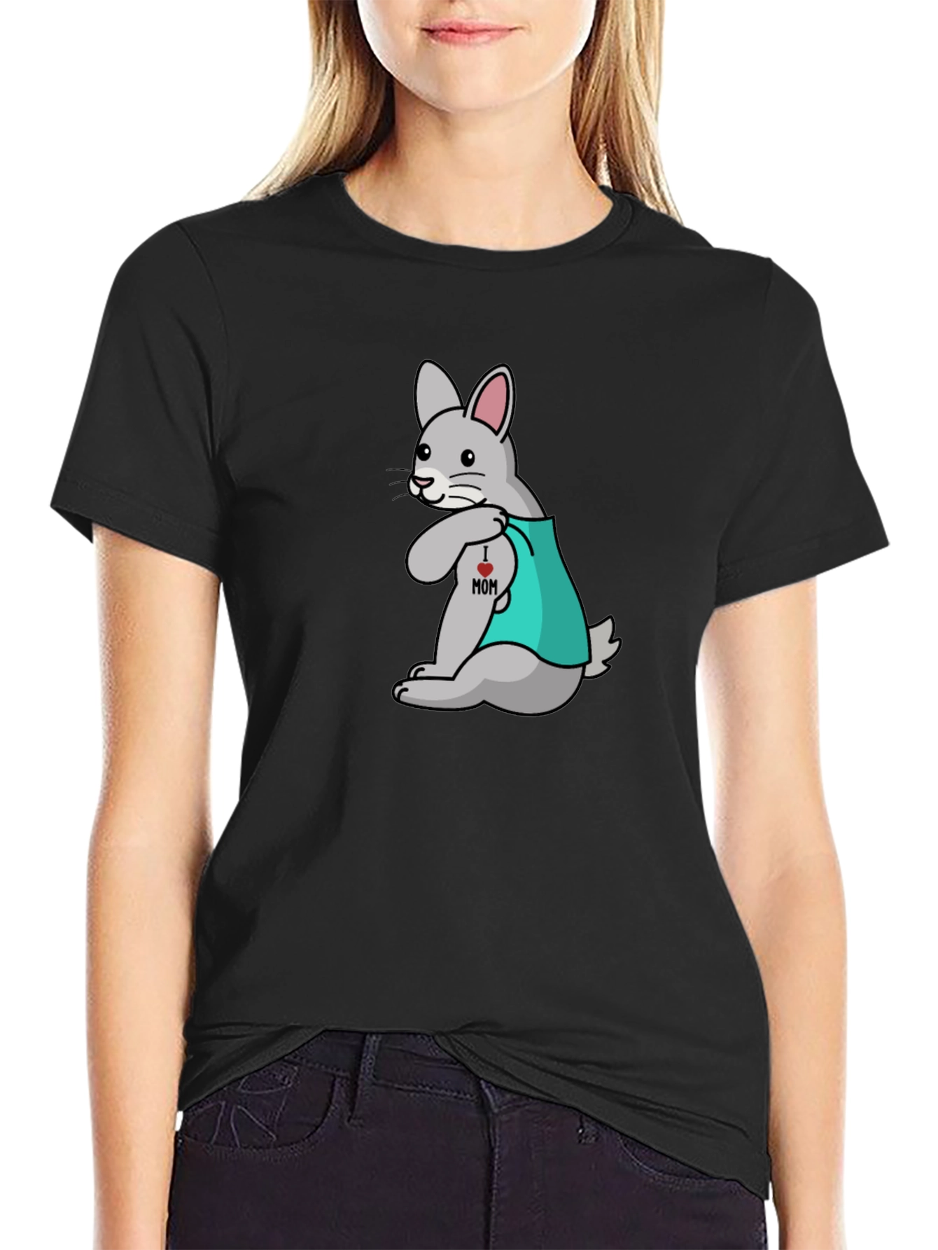 Black Funny Tattooed Rabbit Graphic T-Shirt view 2