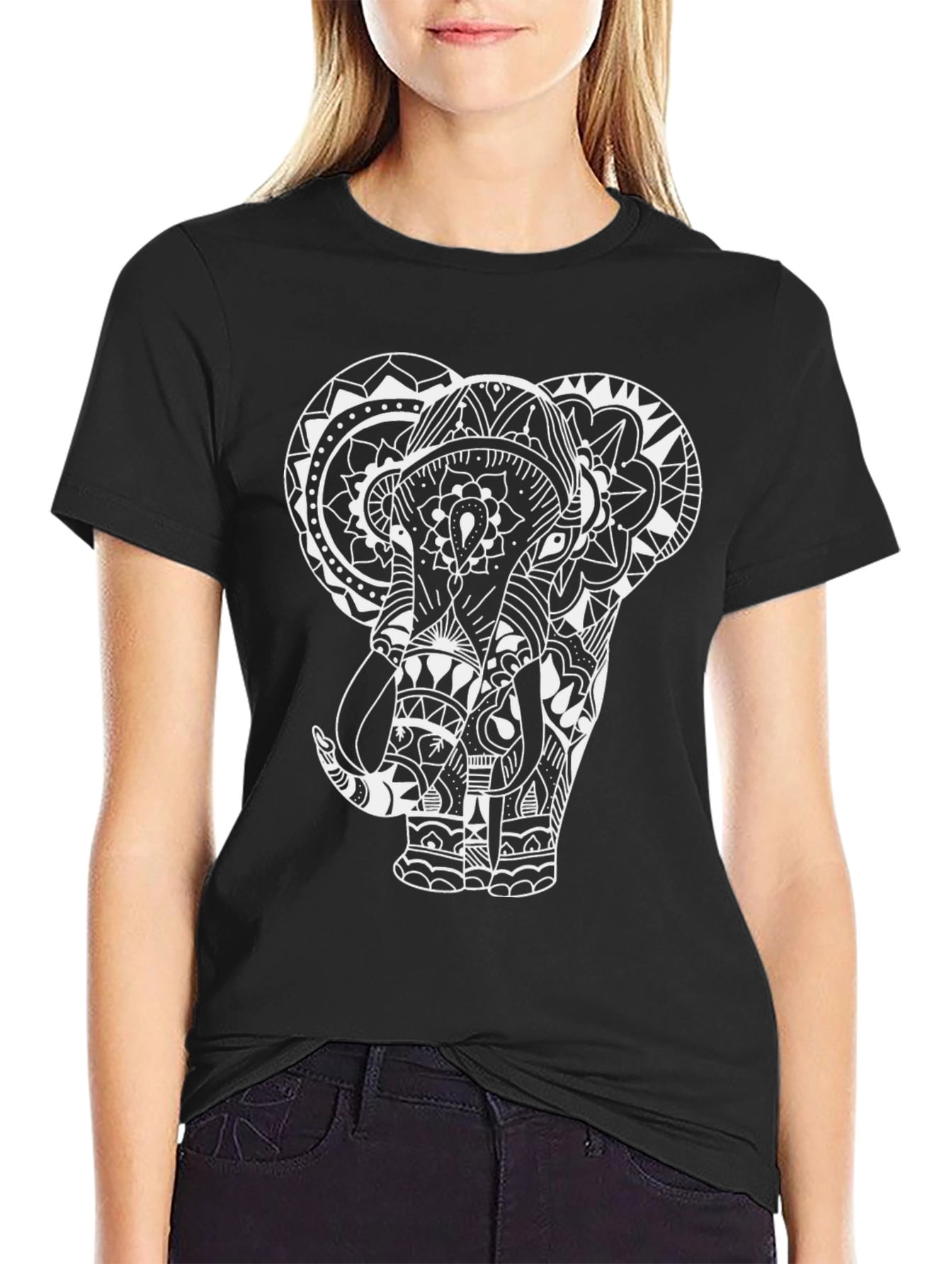 Black Elephant Mandala Graphic T-Shirt - Black Cotton Tee view 2