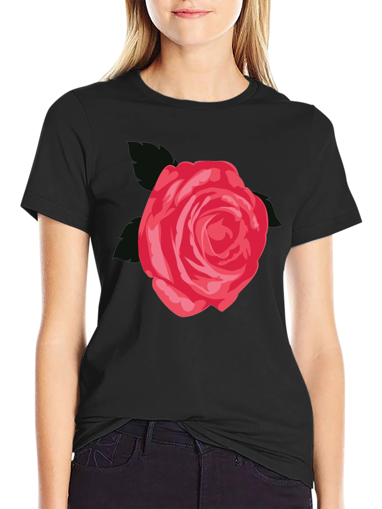 Black Men's Black T-Shirt with Red Rose Graphic view 2