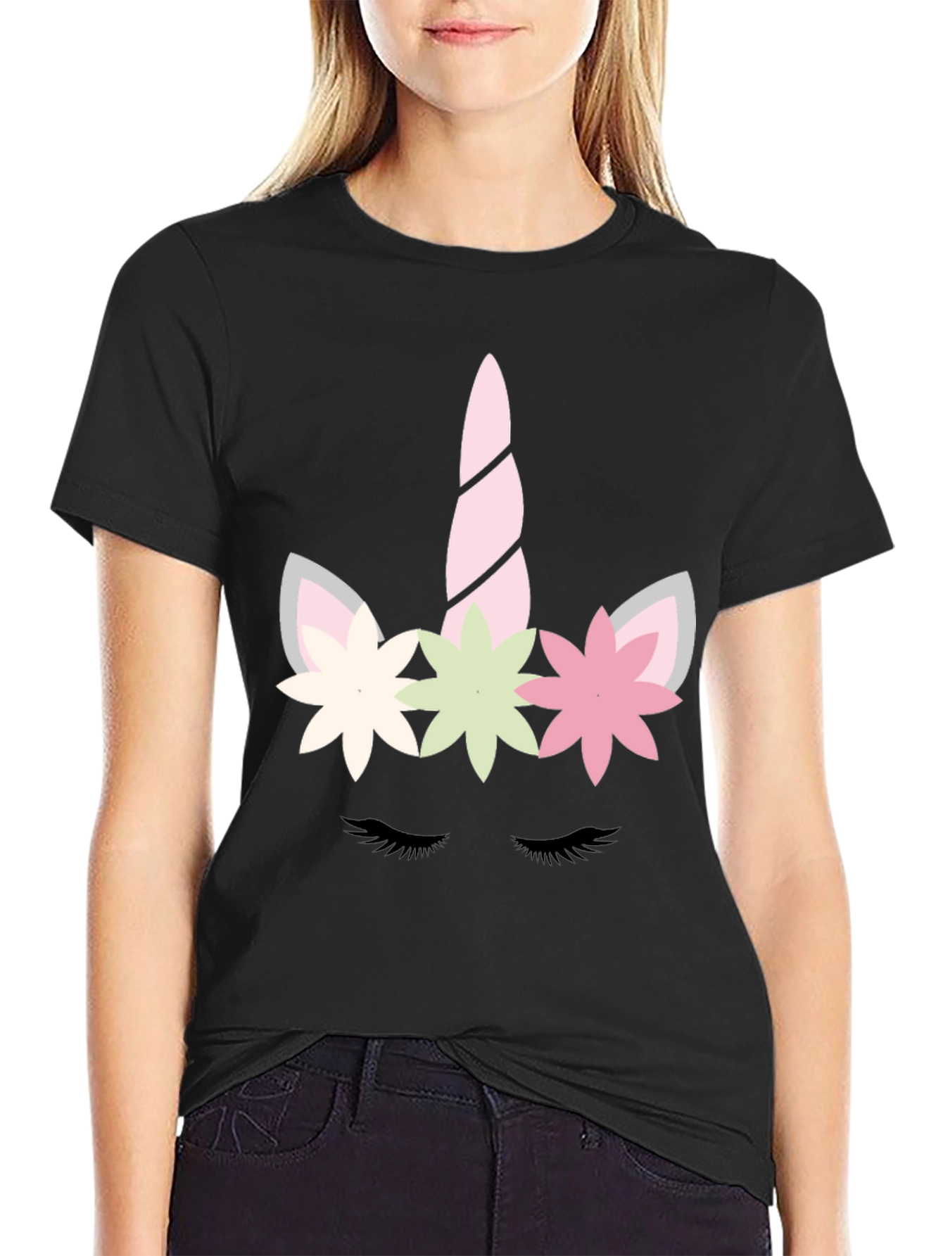 Black Unicorn Face Graphic Tee - Whimsical Black T-Shirt view 2