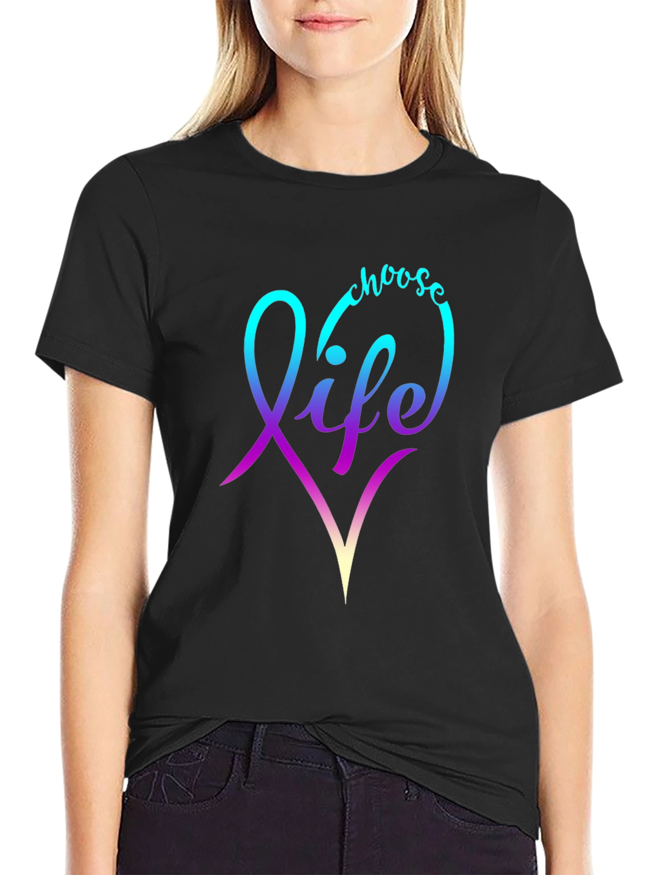 Black Choose Life T-Shirt - Gradient Heart Design view 2