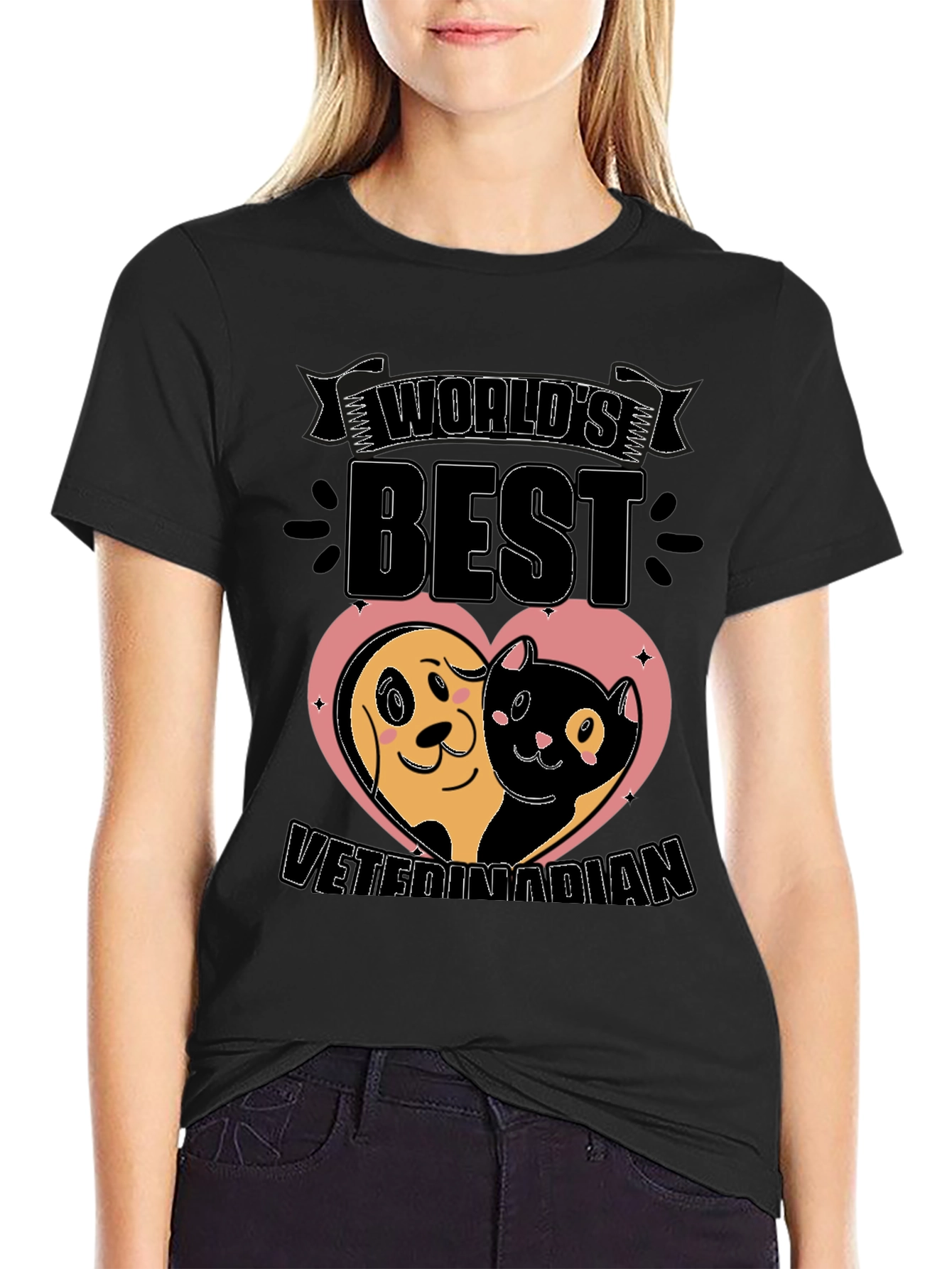 Black World's Best Veterinarian T-Shirt - Dog & Cat Heart view 2