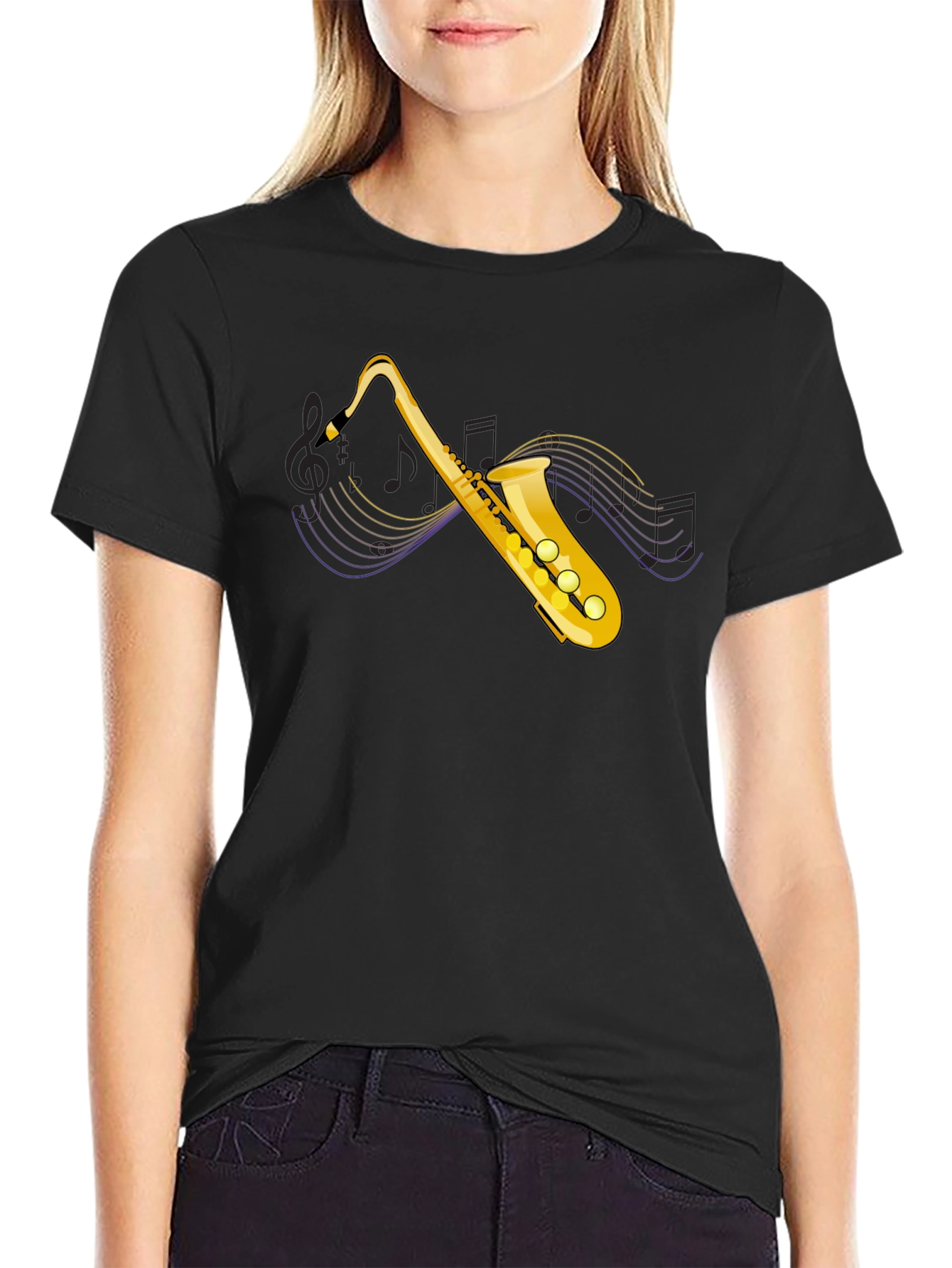 Black Saxophone Graphic Tee - Music Lover's Black T-Shirt view 2
