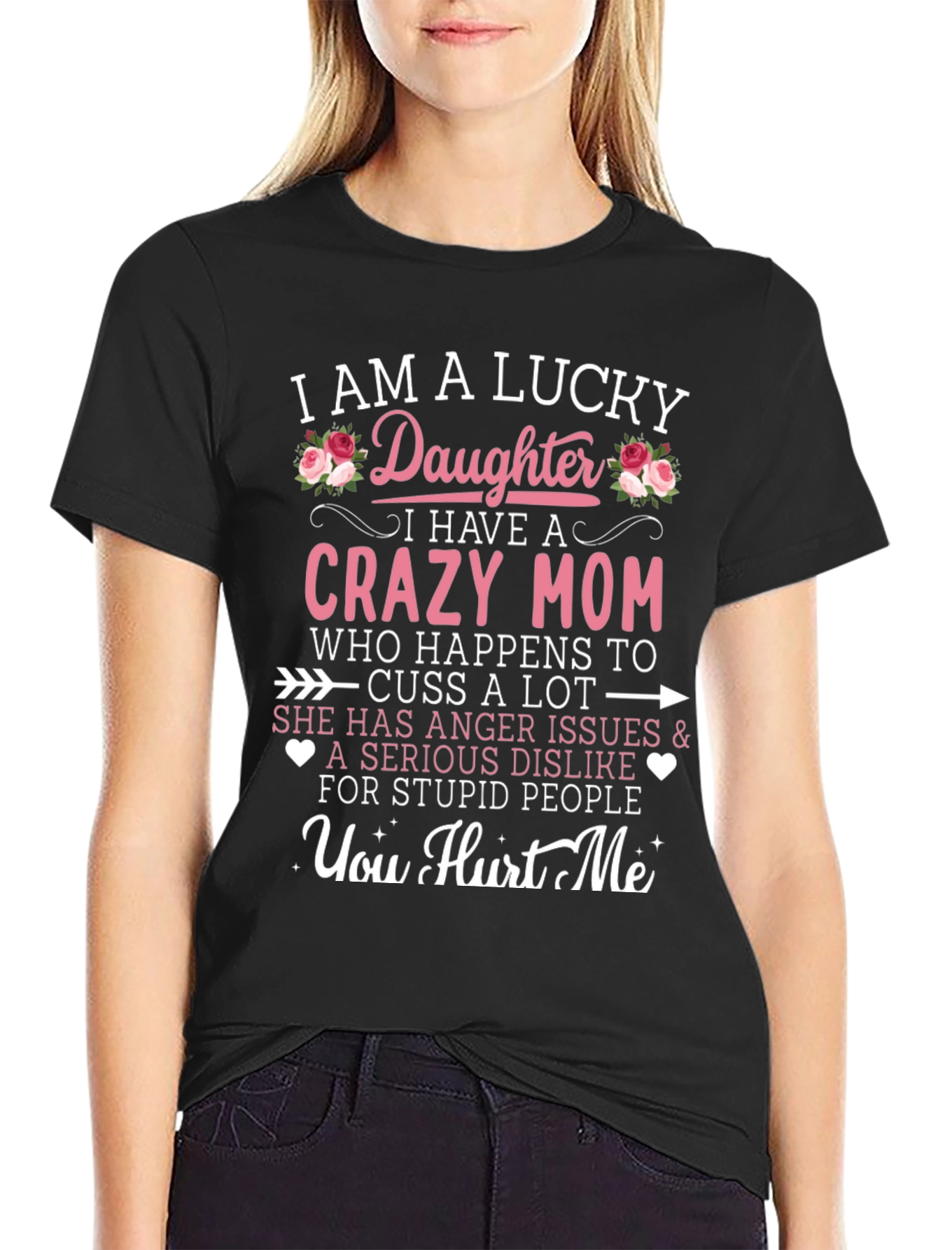 Black Lucky Daughter Crazy Mom Graphic Tee view 2