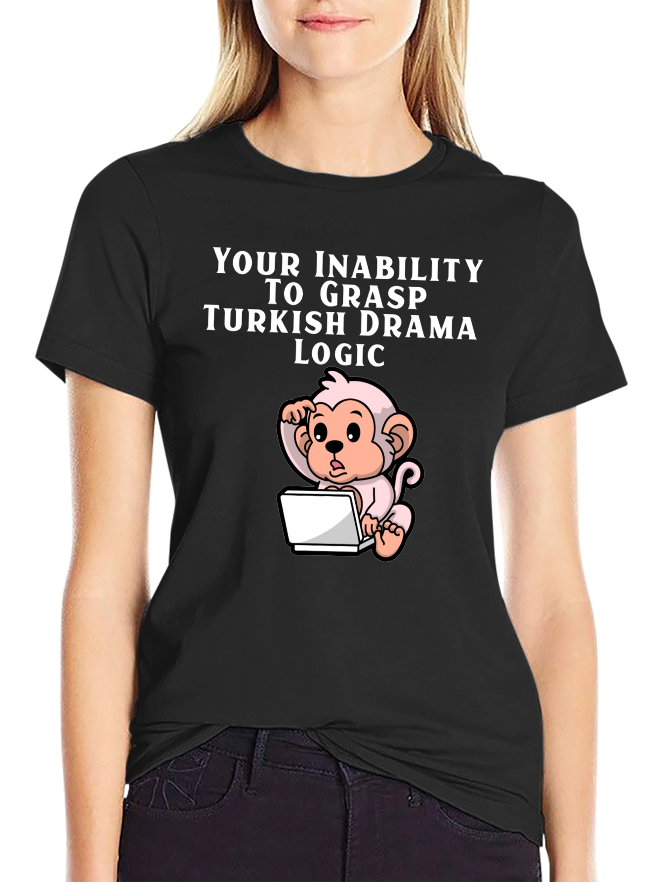 Black Humorous Turkish Drama Logic Monkey T-Shirt view 2