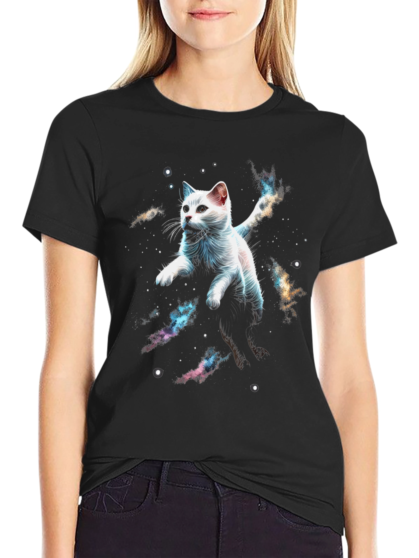 Black Cosmic Cat T-Shirt - Galaxy Kitten Graphic Tee view 2