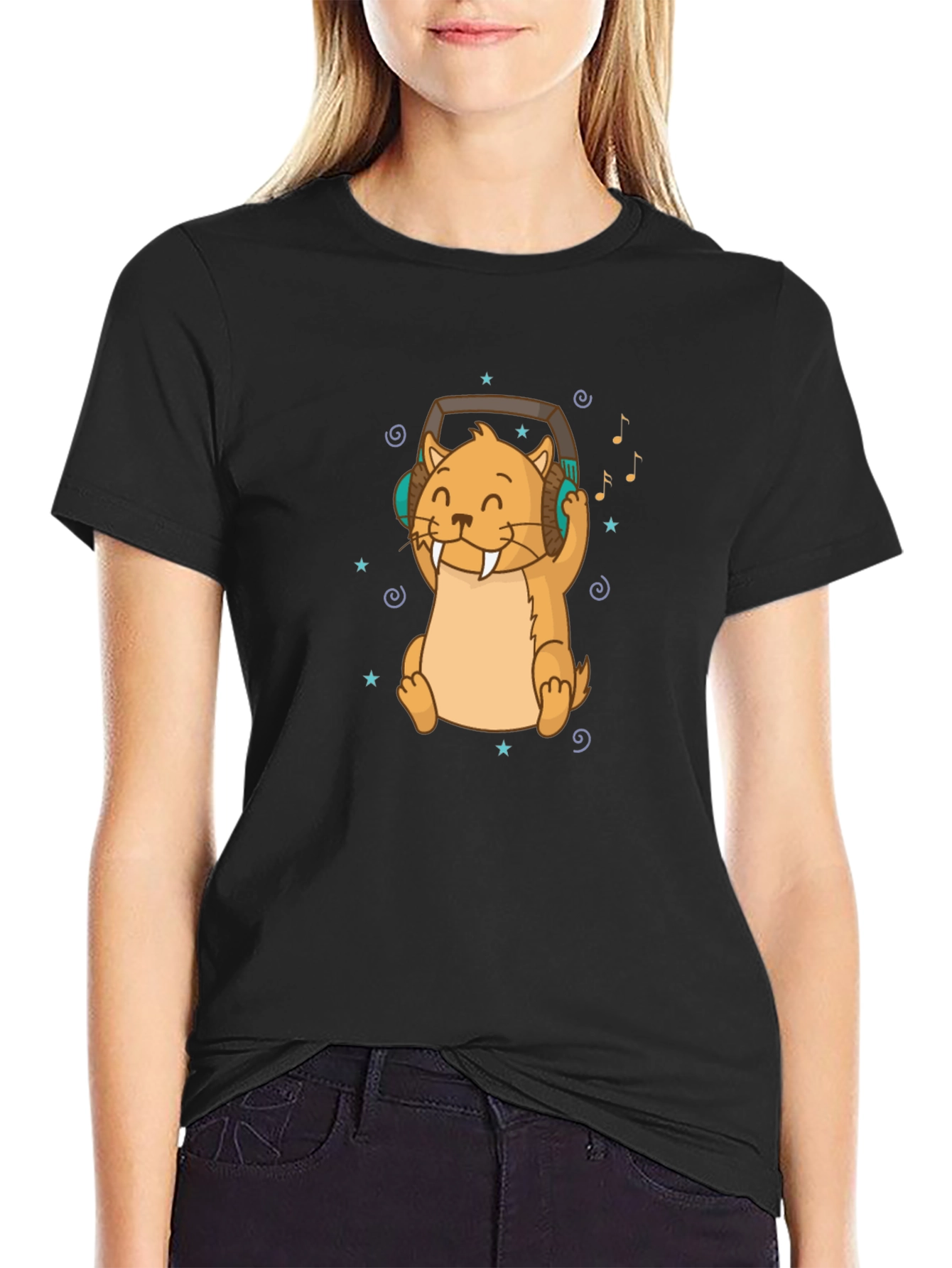 Black Cute Otter with Headphones Black T-Shirt view 2