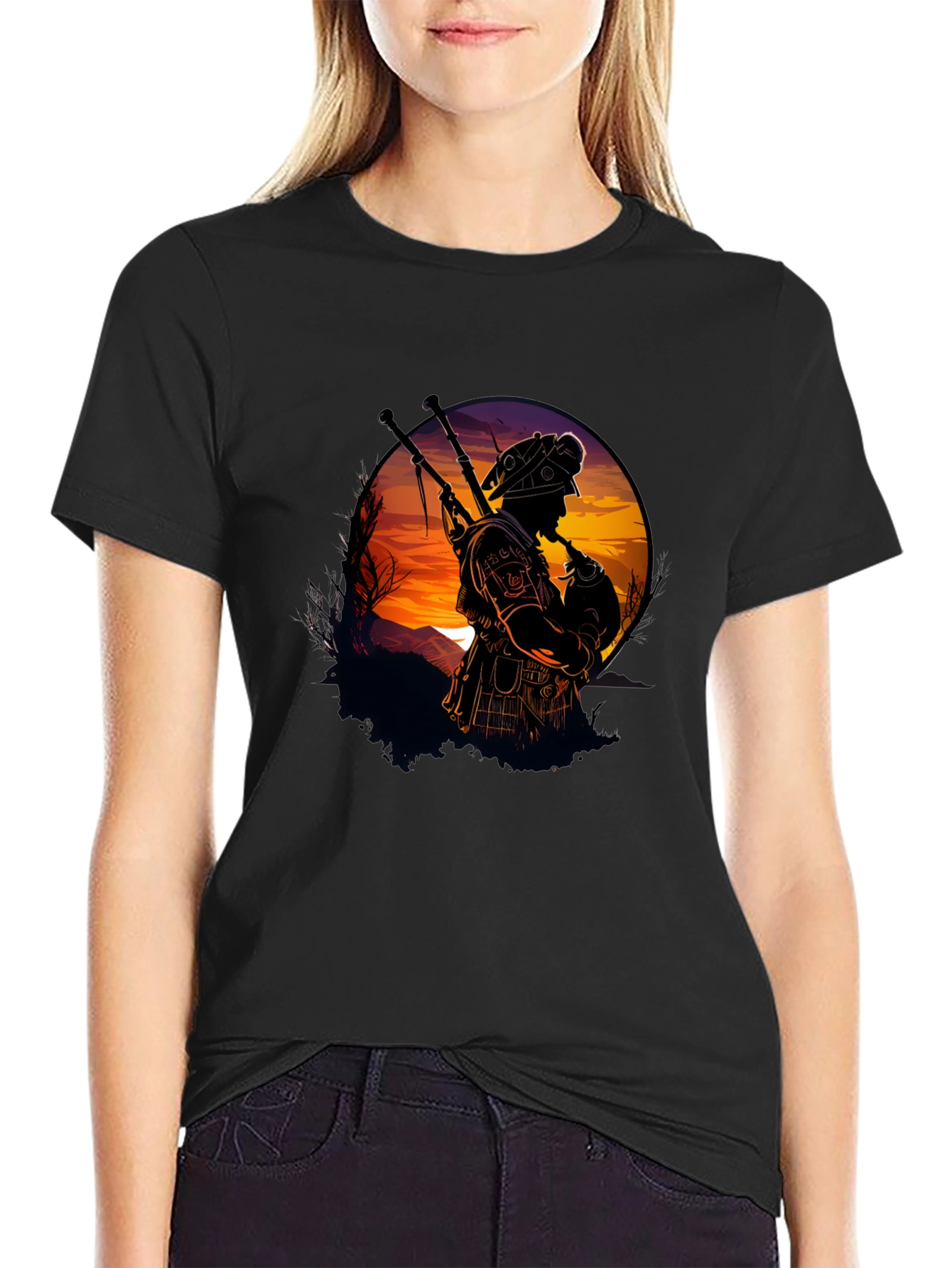 Black Bagpiper Silhouette Graphic Tee - Black view 2