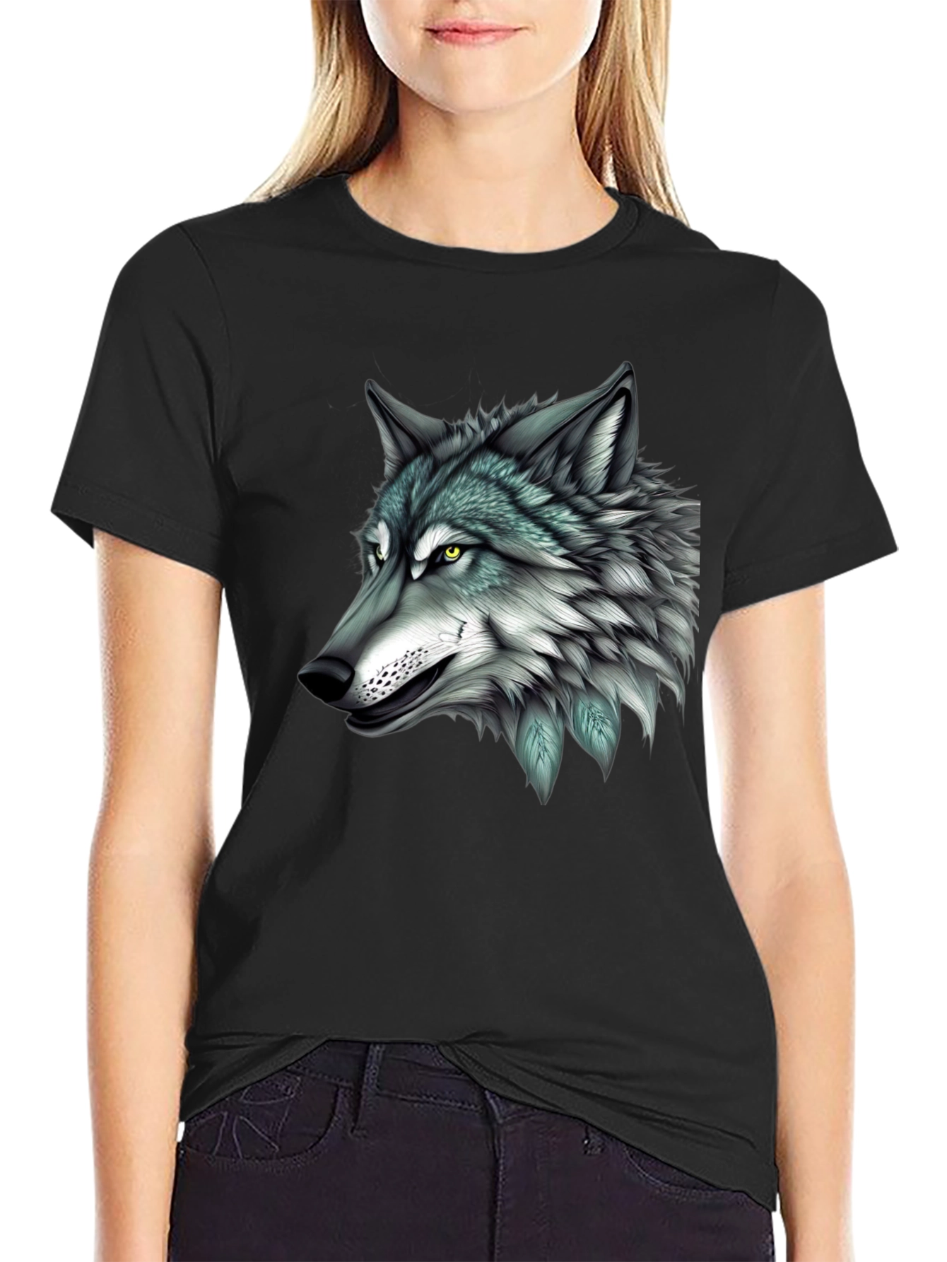 Black Wolf Graphic Print Black T-Shirt for Men view 2