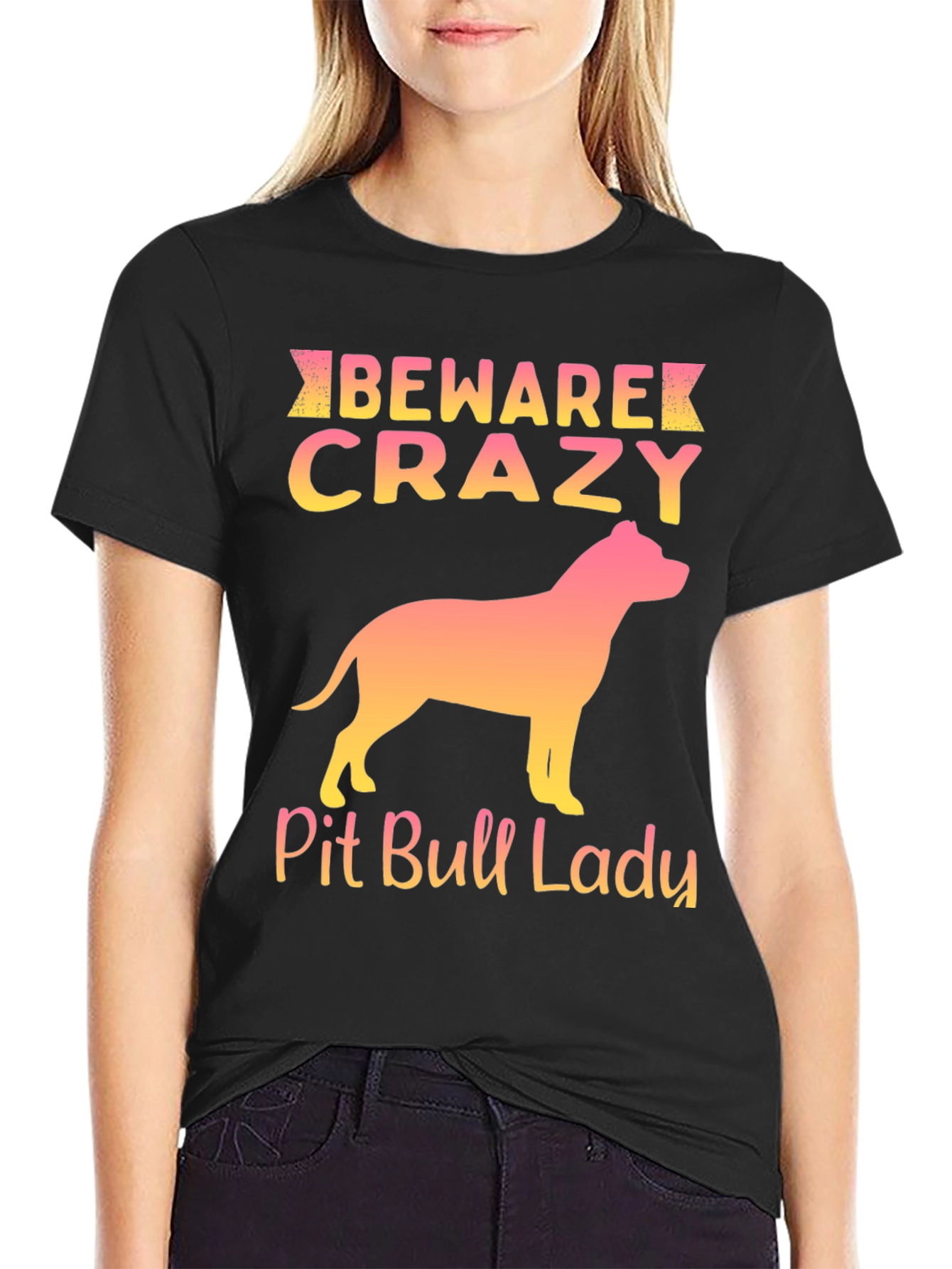 Black Beware Crazy Pit Bull Lady Graphic Tee view 2