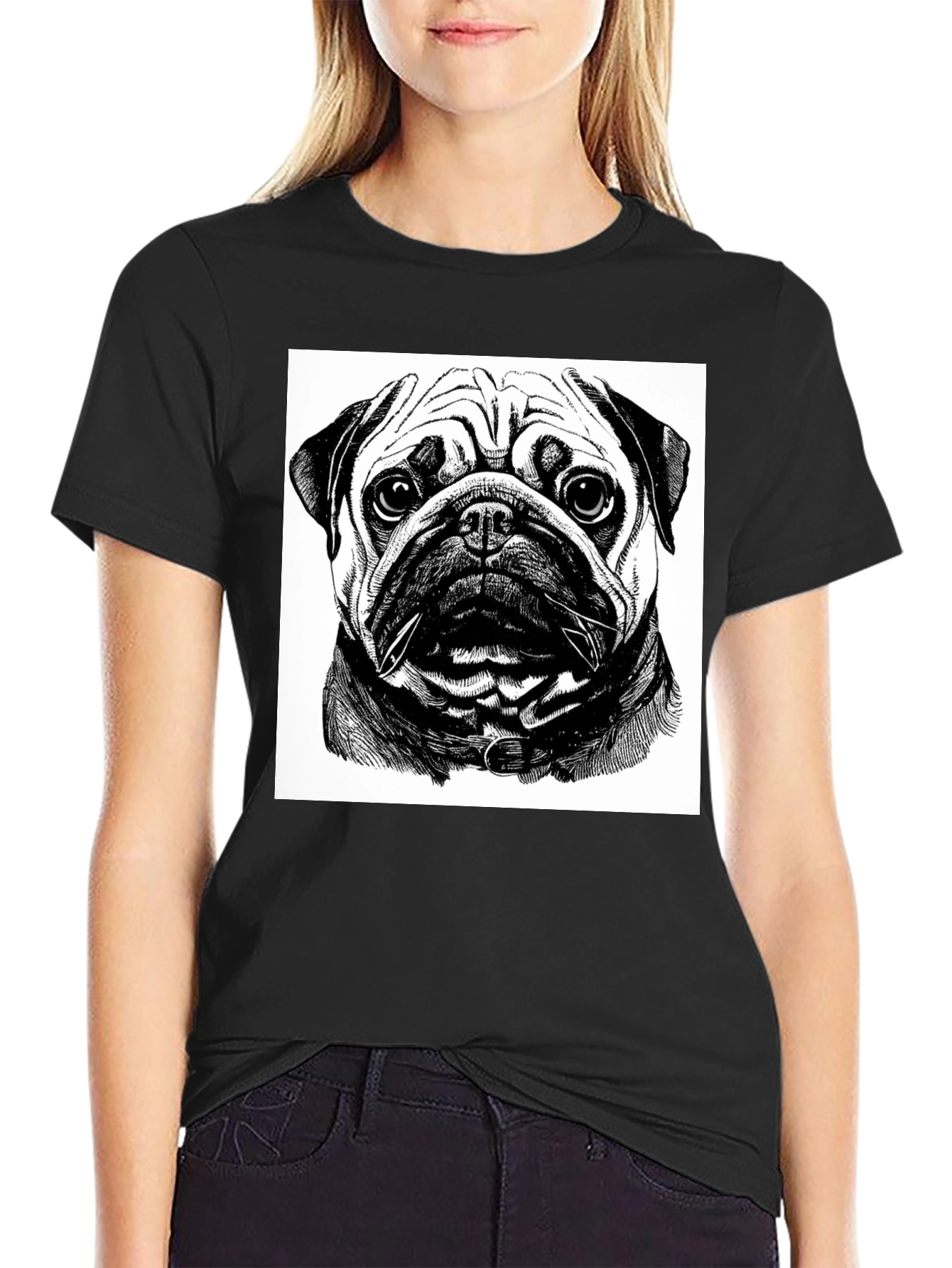 Black Pug Portrait Graphic Black T-Shirt view 2