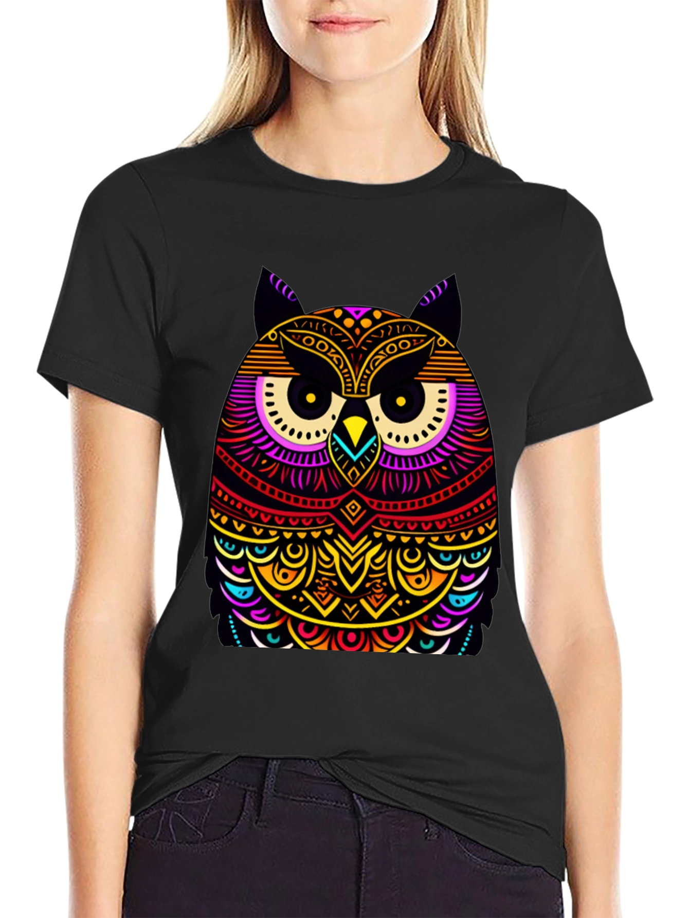 Black Vibrant Owl Graphic Black T-Shirt view 2