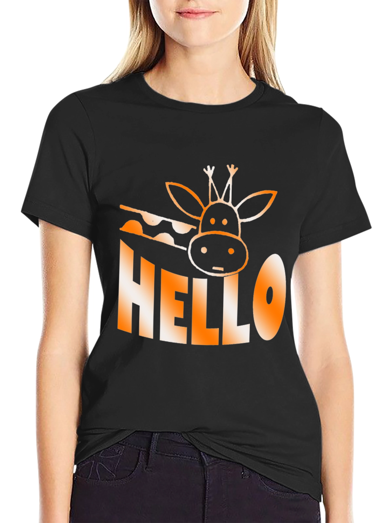 Black Hello Giraffe Graphic Tee - Black Cotton T-Shirt view 2