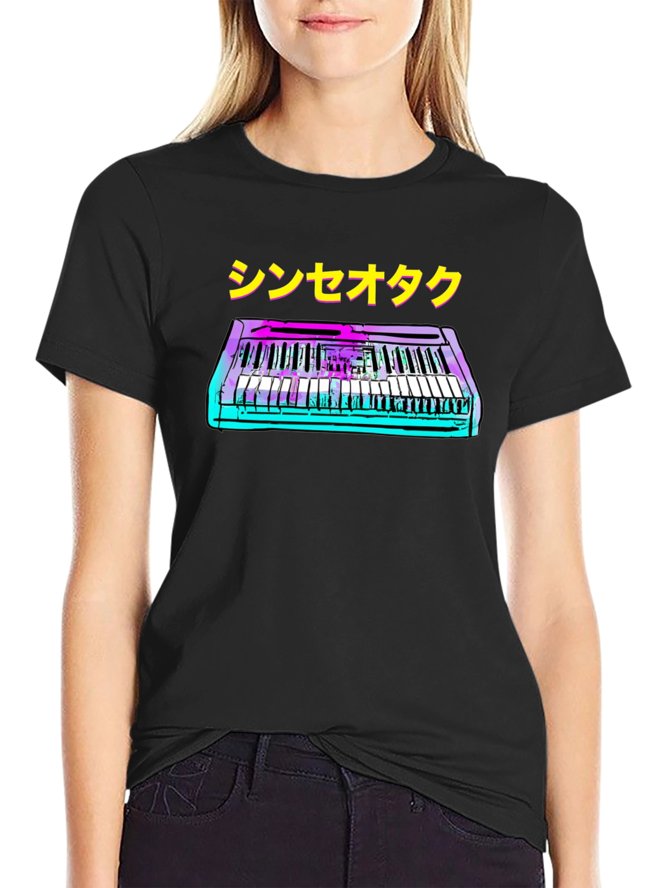 Black Synthwave Keyboard T-Shirt - Retro Music Style view 2