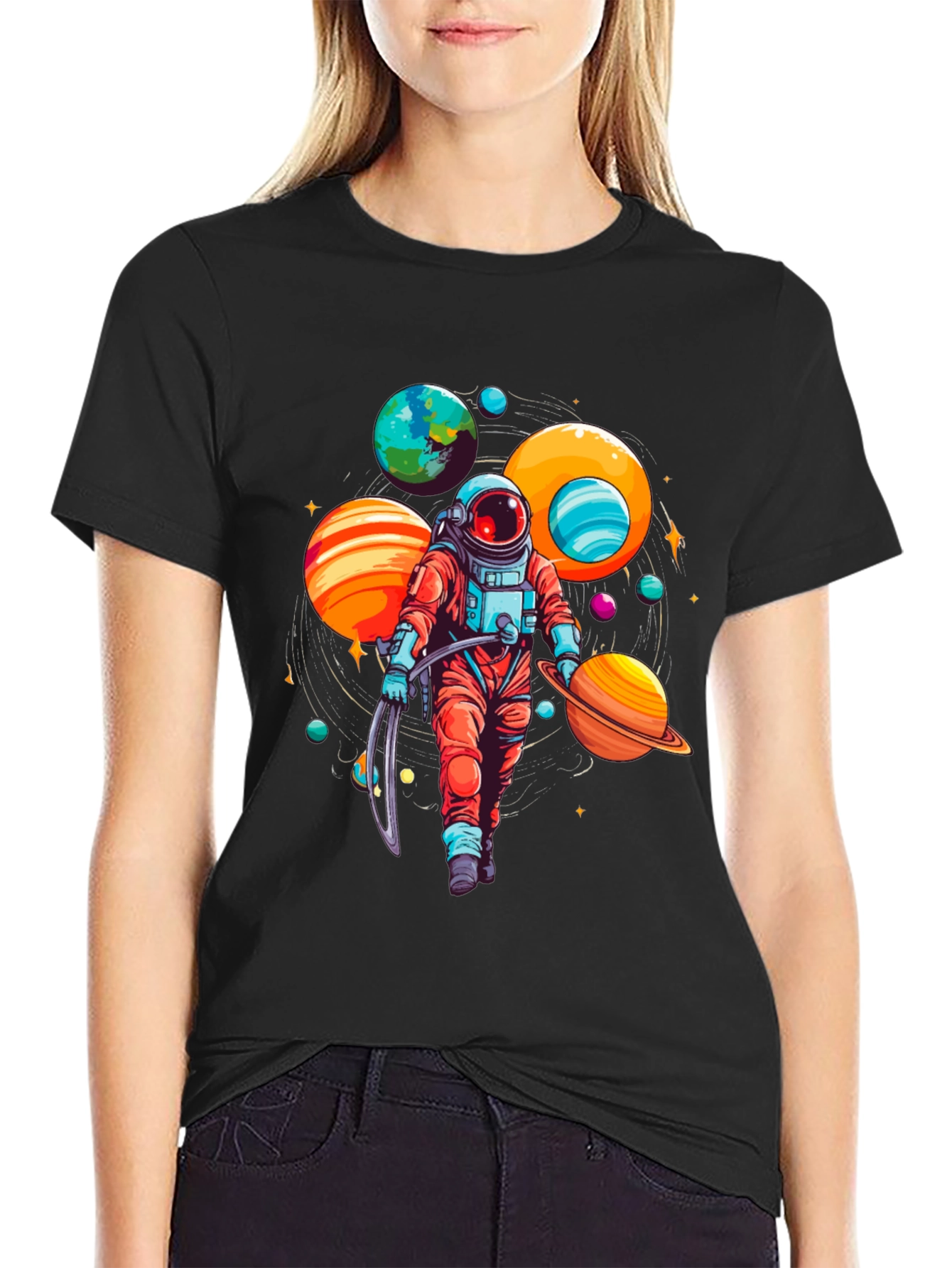 Black Astronaut Planets Graphic Tee - Space Lover T-Shirt view 2