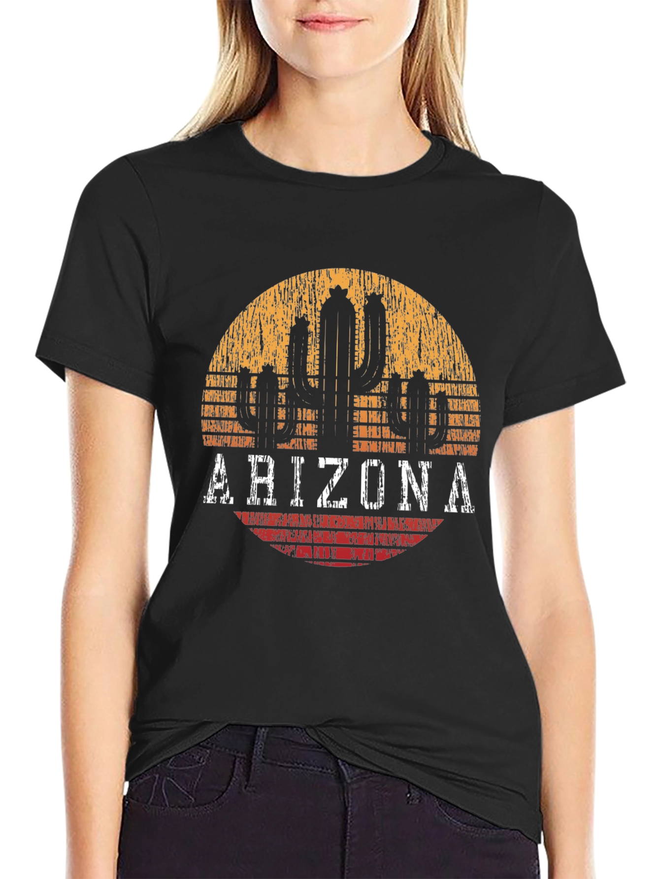 Black Arizona Cactus Graphic Tee - Distressed Desert Style T-Shirt view 2
