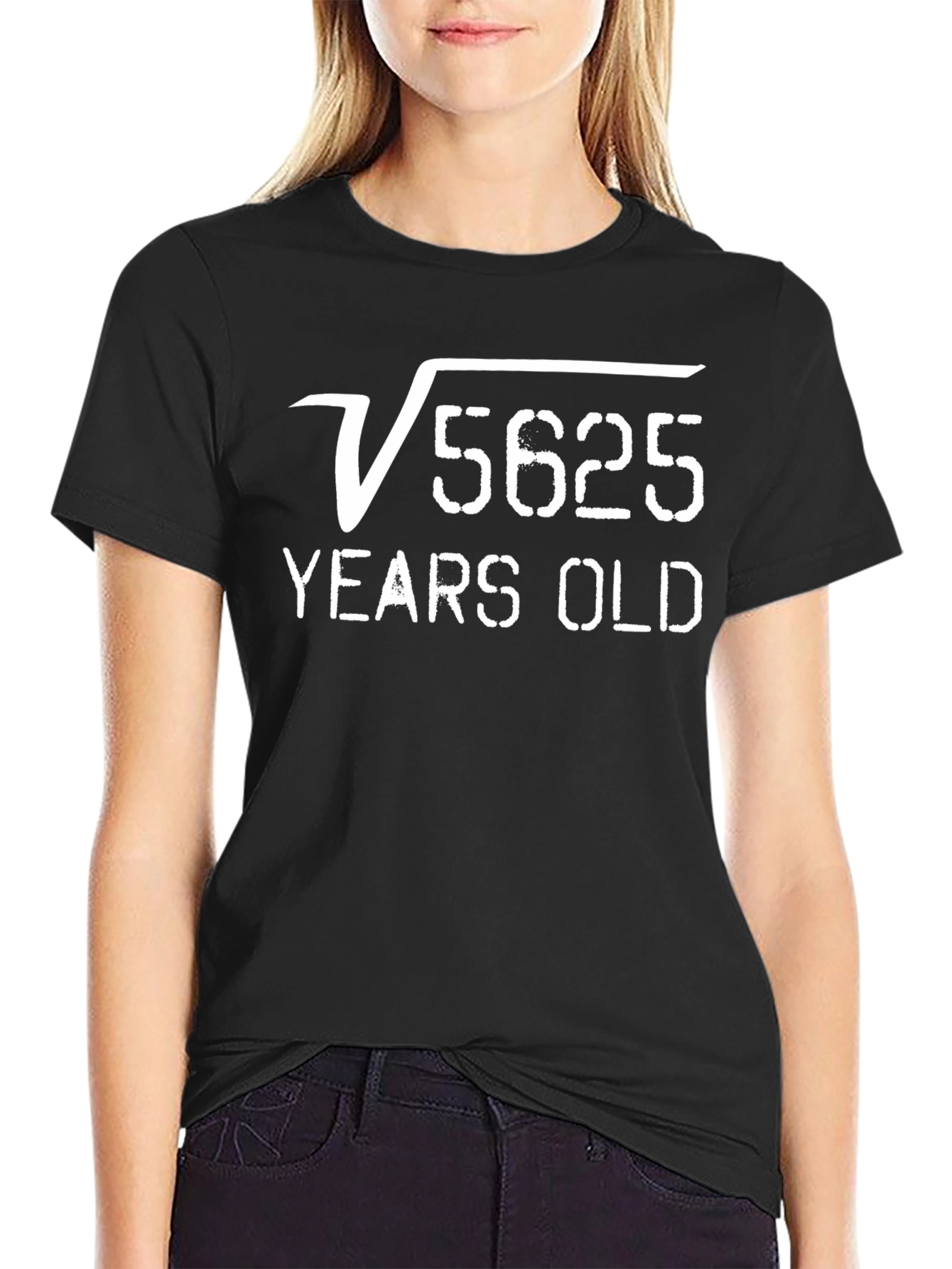 Black Square Root 5625 75 Years Old Funny Math T-Shirt view 2