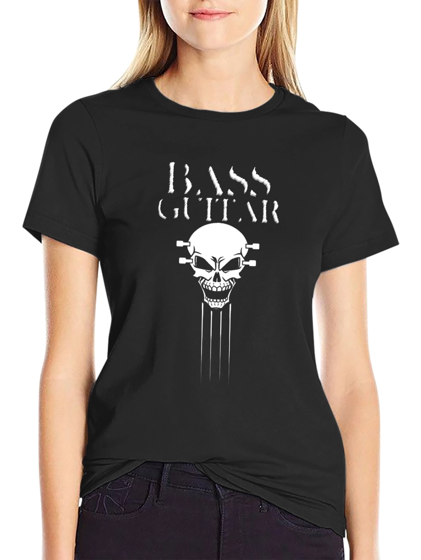 Black Bass Guitar Skull Graphic T-Shirt - Black view 2