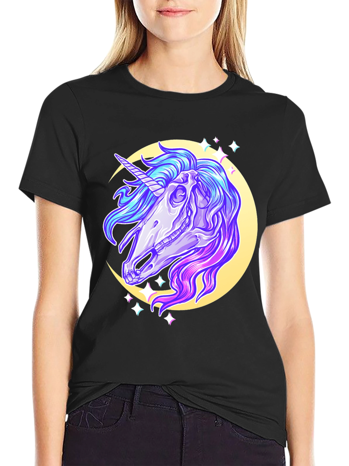 Black Unicorn Skull Graphic Tee - Black Cotton T-Shirt view 2