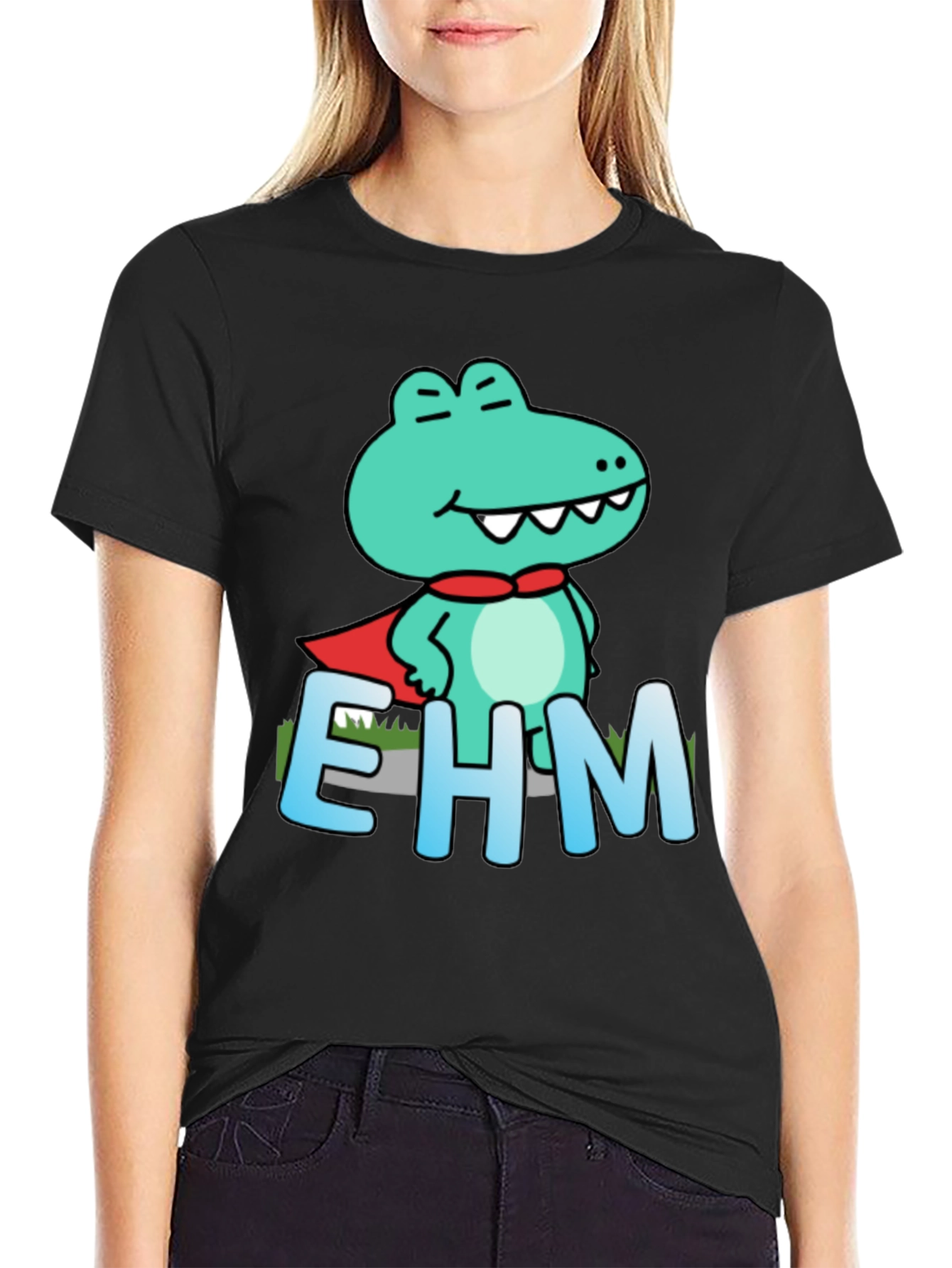 Black Funny Cartoon Crocodile EHM T-Shirt view 2
