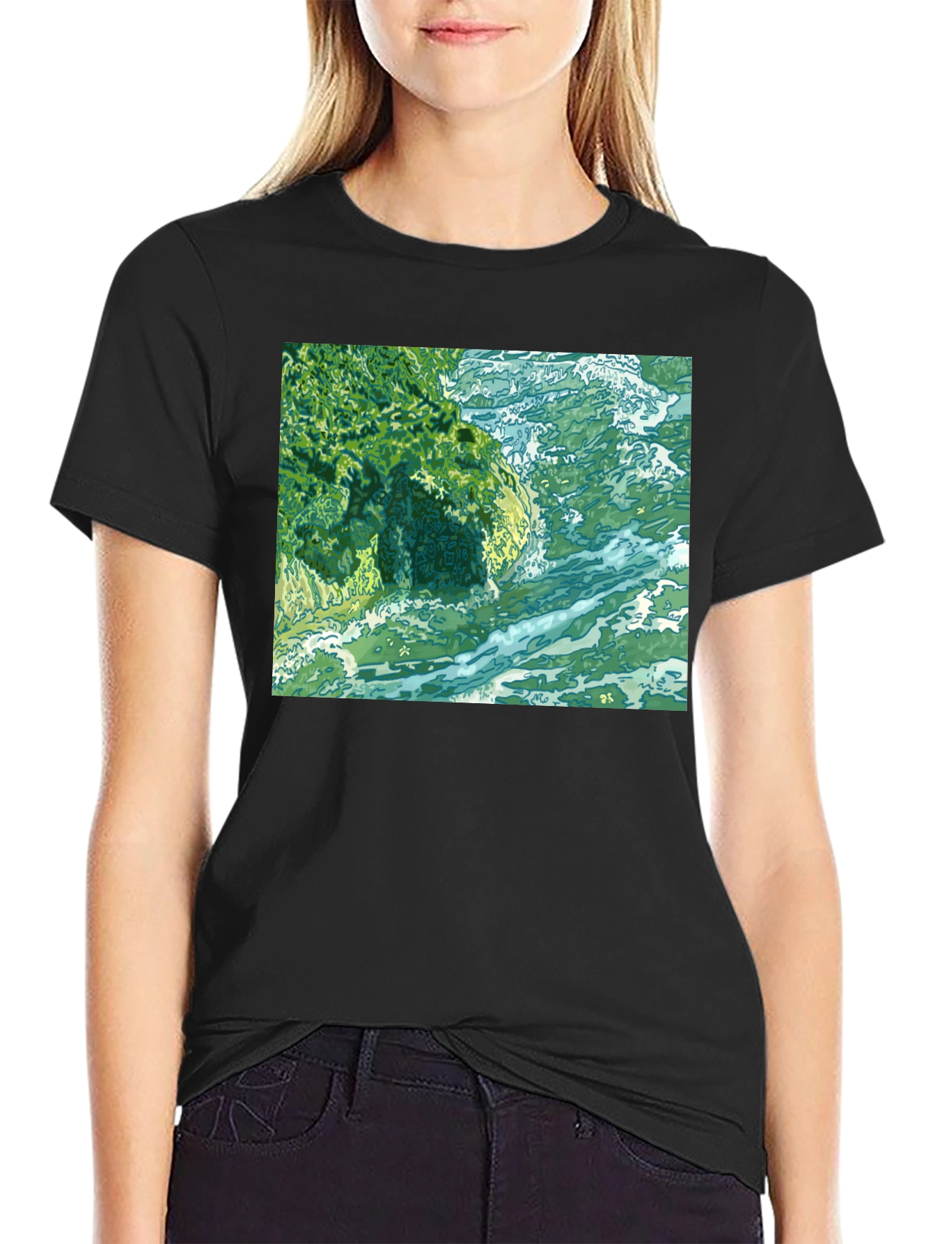 Black Ocean Scene Graphic Tee - Black Cotton Blend view 2
