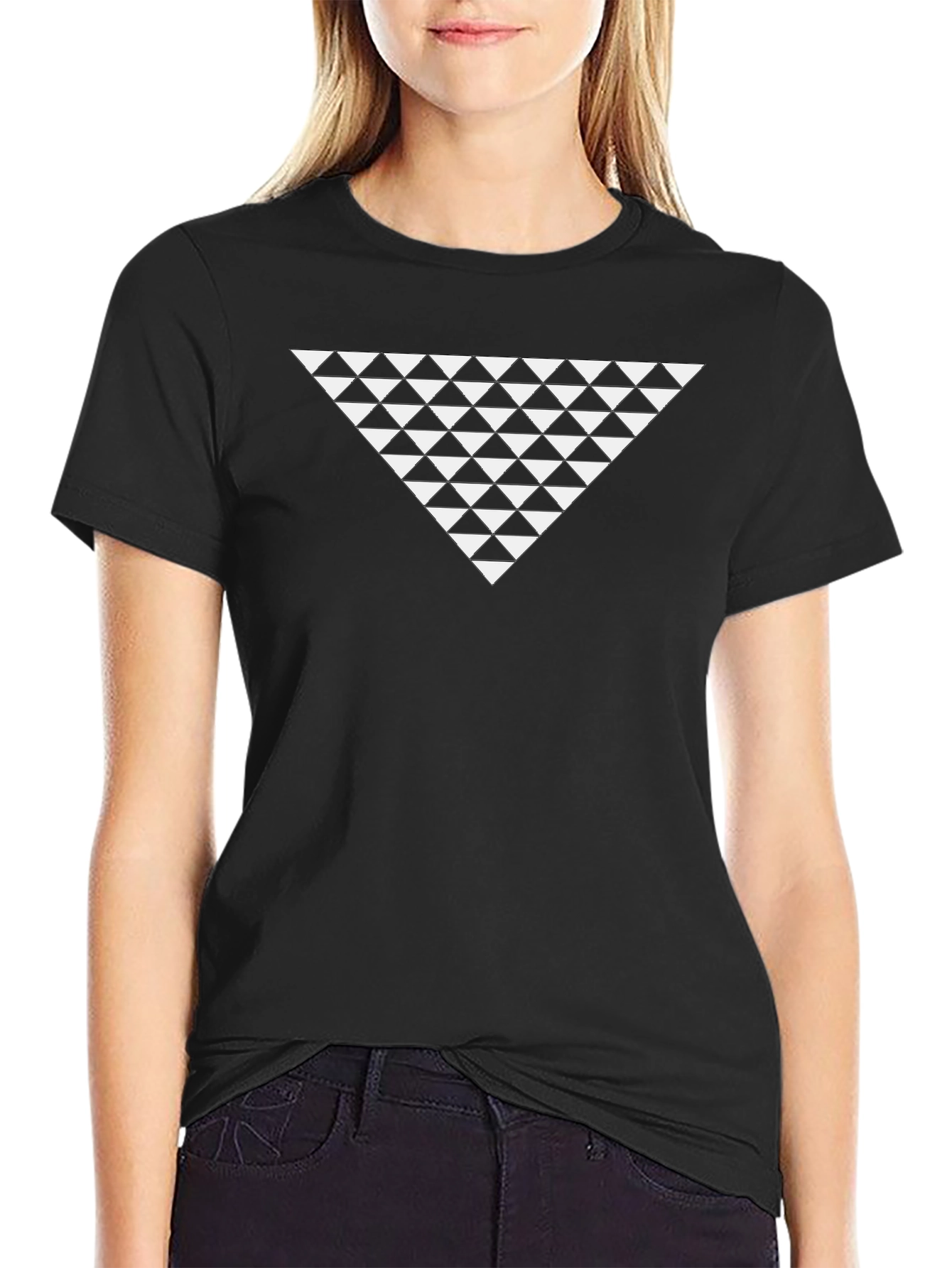 Black Geometric Triangle Pattern Black T-Shirt view 2