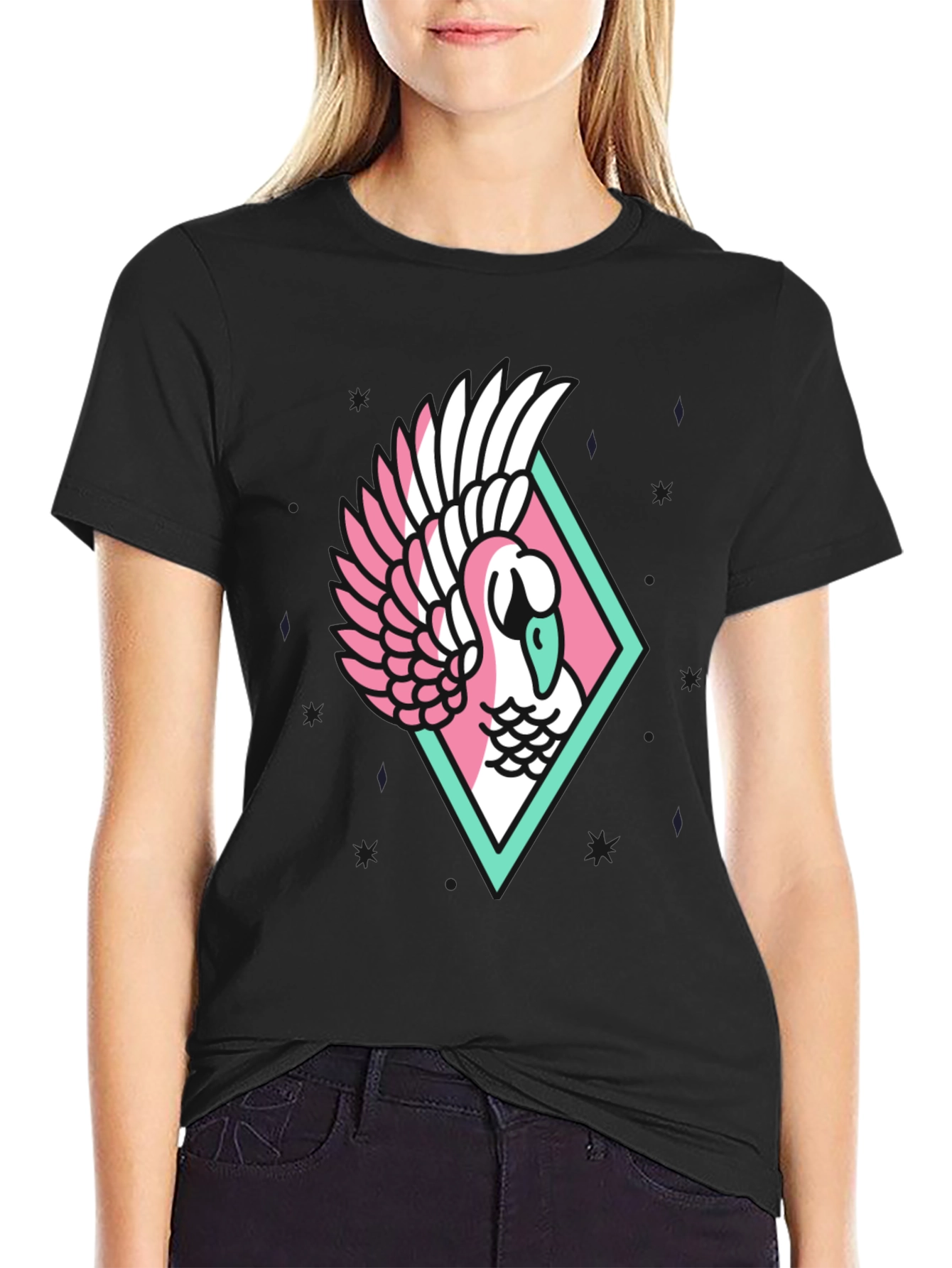 Black Geometric Swan Graphic Tee - Stylish Black T-Shirt view 2