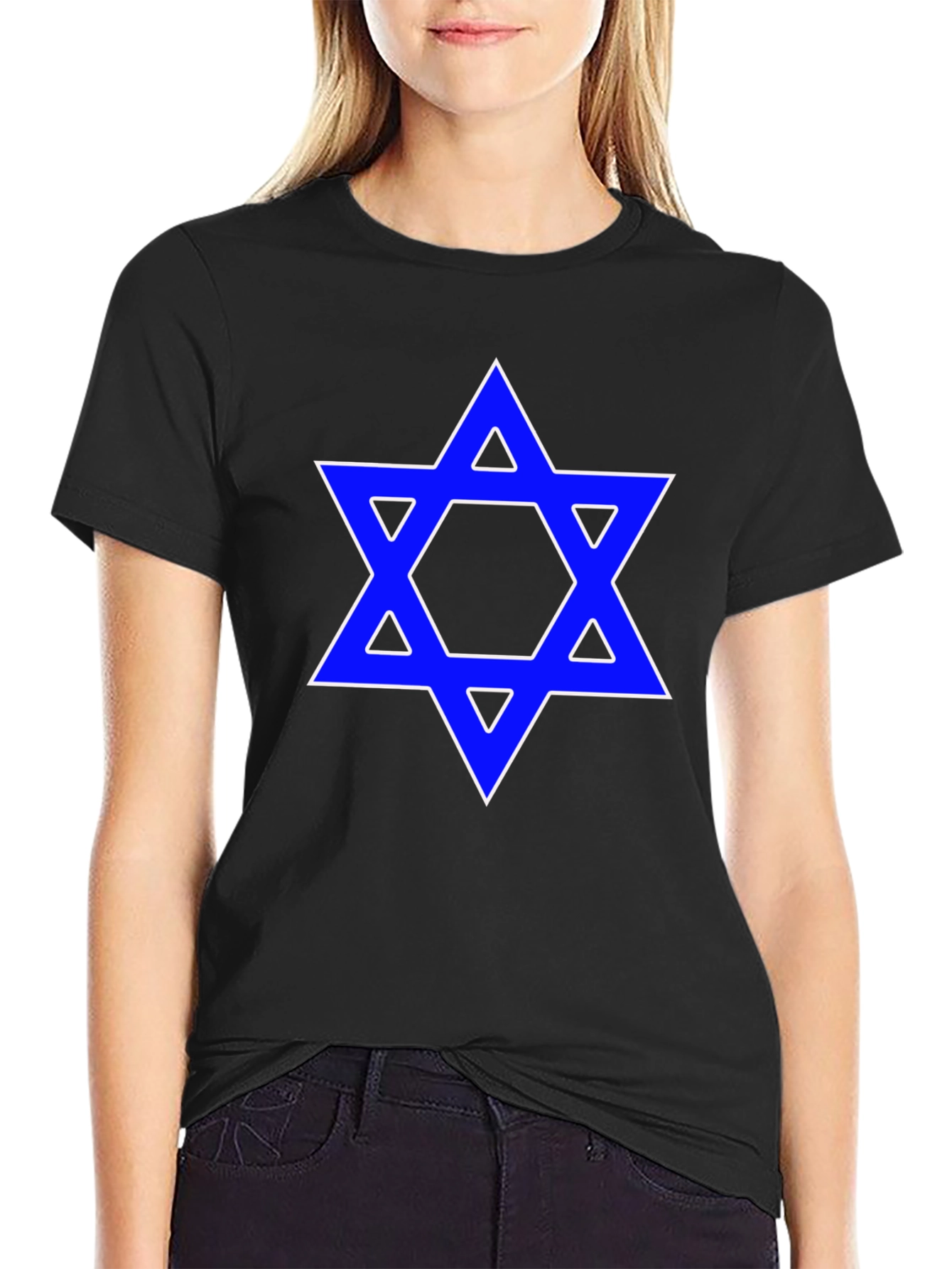 Black Star of David Graphic Tee - Blue Design on Black Shirt view 2
