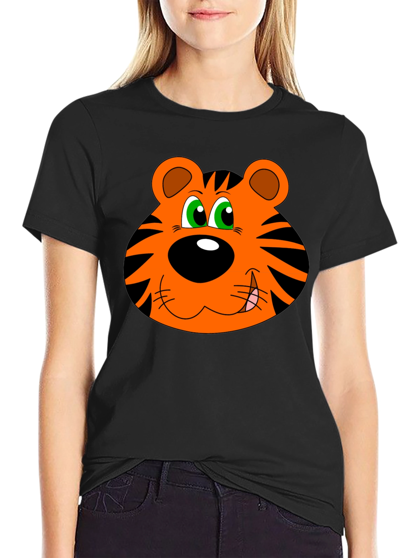 Black Cartoon Tiger Graphic T-Shirt - Black view 2