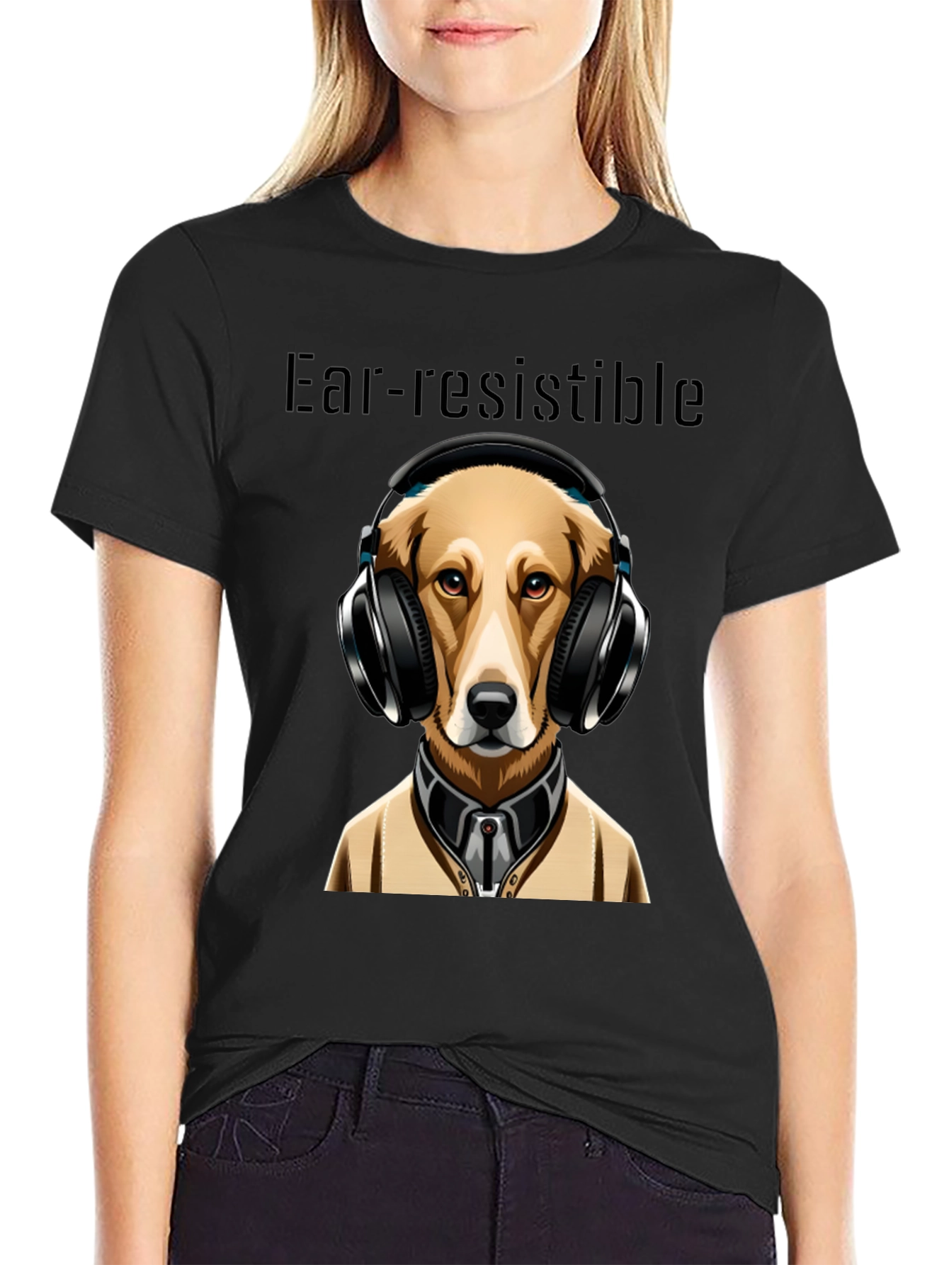 Black Ear-resistible Dog Headphones Graphic Tee view 2