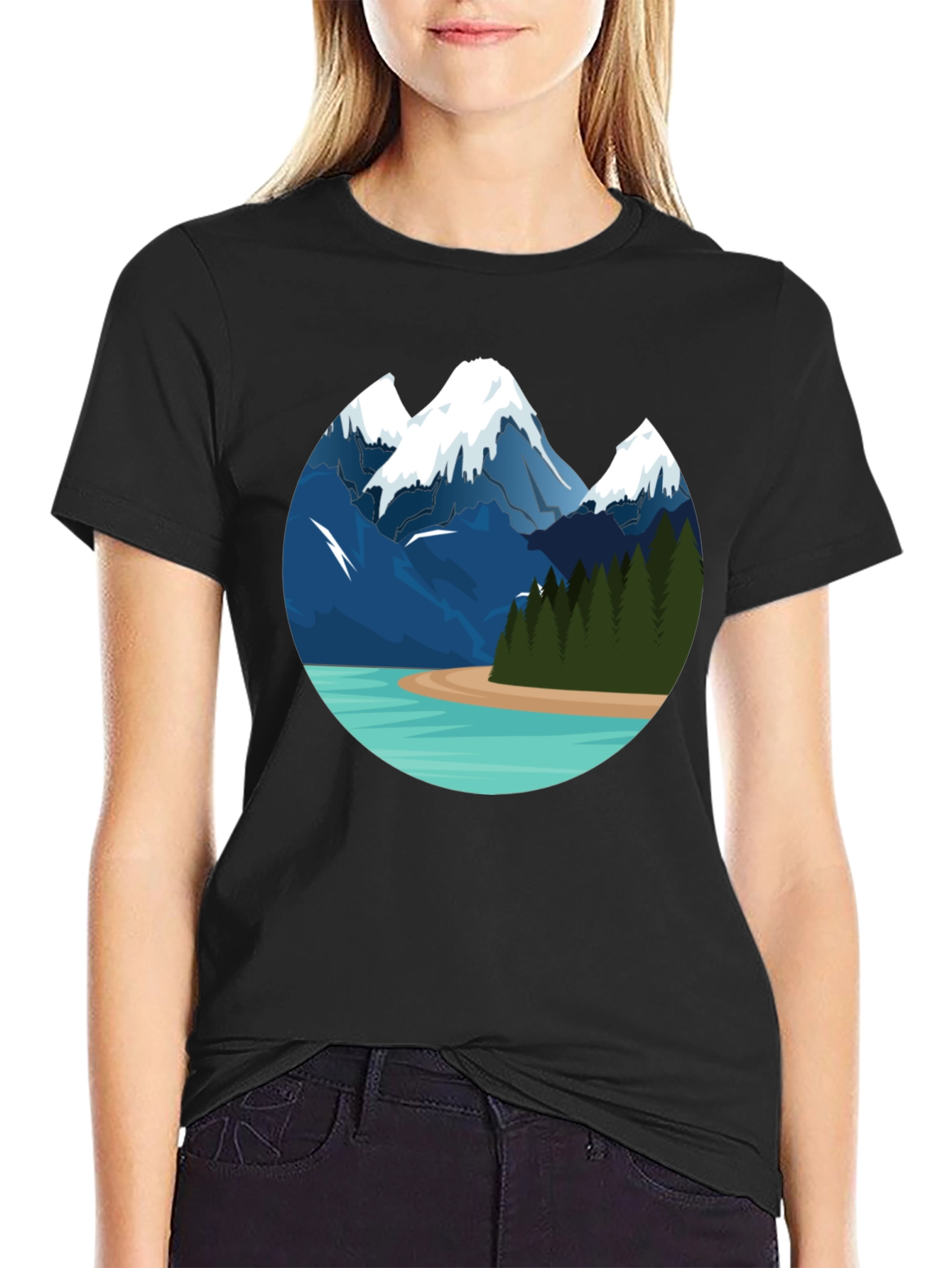 Black Mountain Lake Graphic Tee - Black Cotton T-Shirt view 2