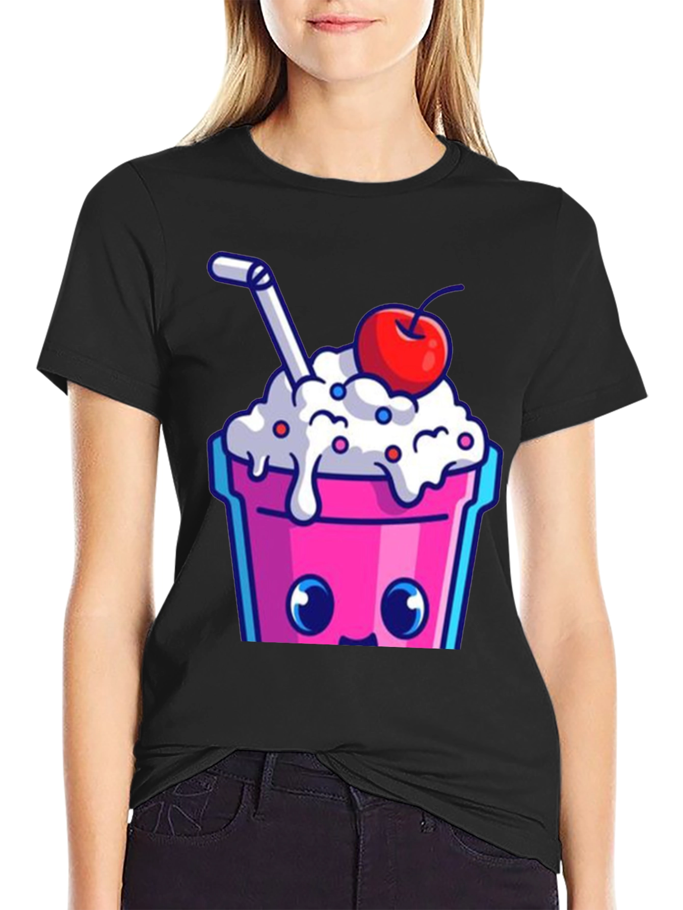 Black Cute Kawaii Milkshake Graphic Tee - Fun Style view 2
