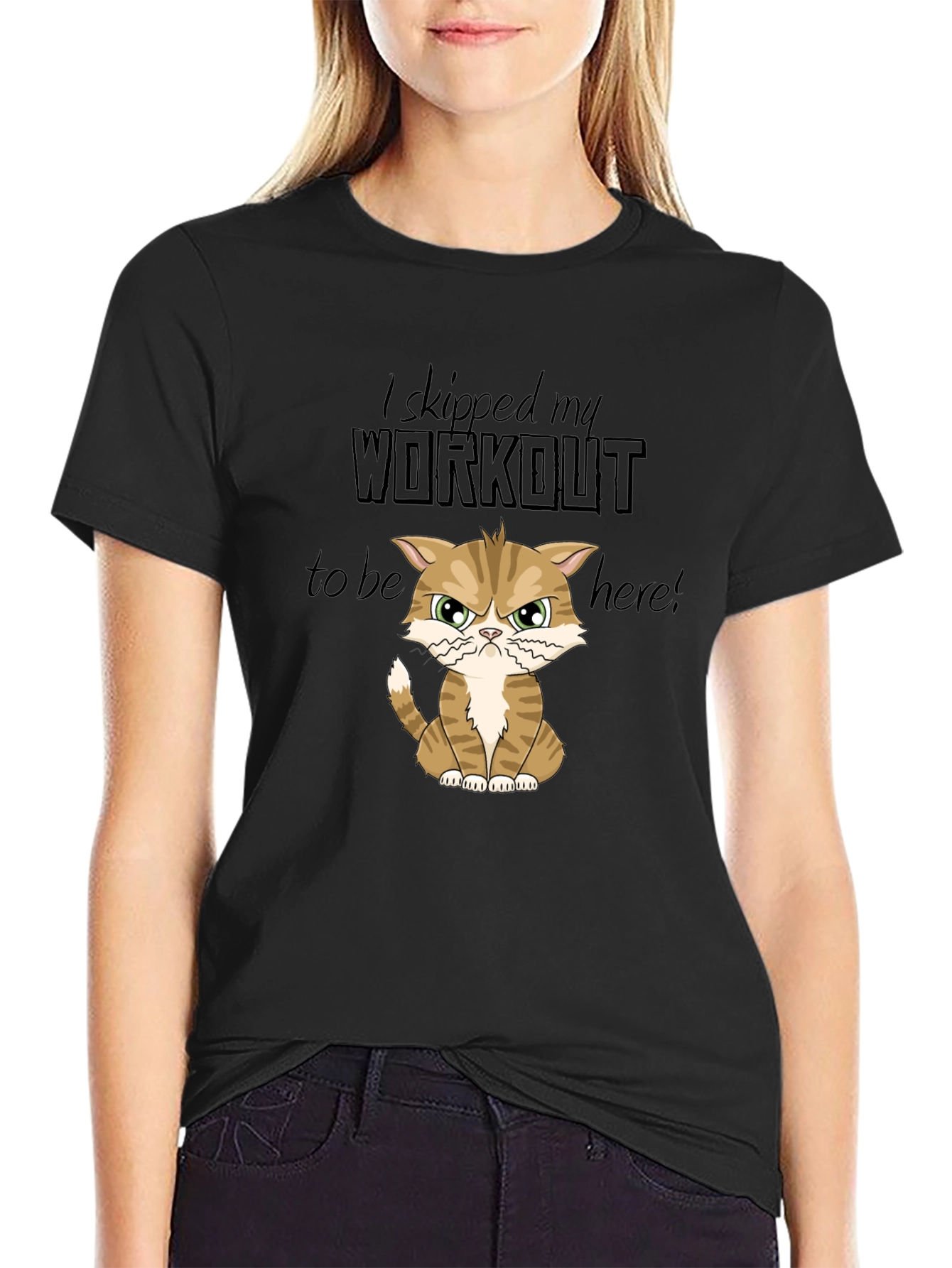 Black Skipped Workout Cat Graphic T-Shirt view 2